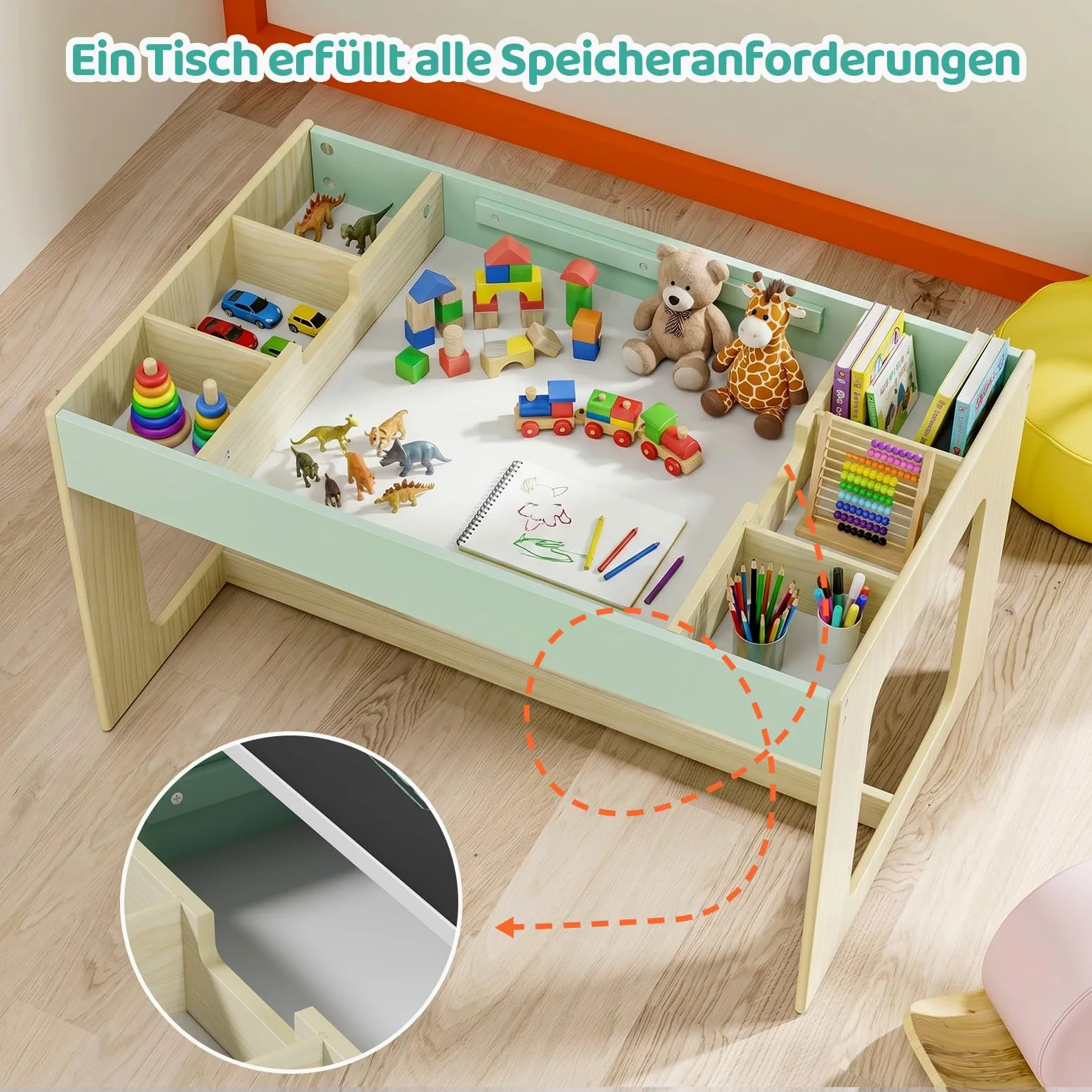 MAMIZO Kindersitzgruppe mit Stauraum, Kindertisch mit 2 PCS Stühlen, Kinder Tisch Stuhl Set mit wendbarer Tischplatte, Kinderschreibtisch für Kinderzimmer Kindertagesstätte,ab 3+, Holzfarbe mit Grün