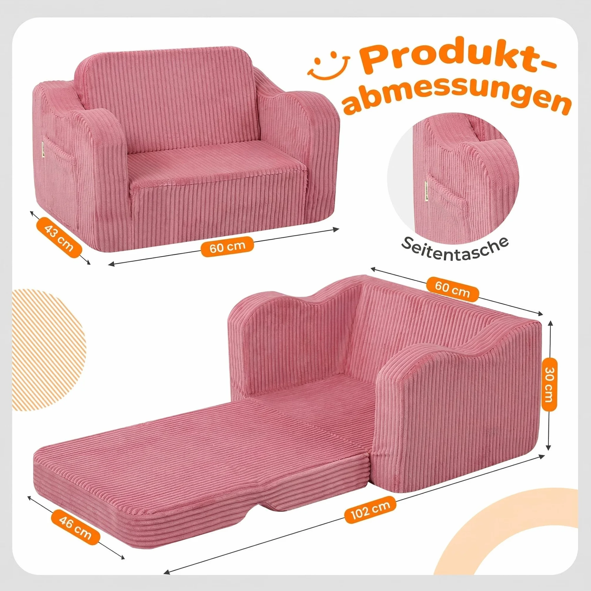 MeMoreCool Cord Kindersofa, Kinder Relaxsessel, Baby Lounge Sofa, Mini Couch für Kuschelecke Kinderzimmer, ausklappbare Couch für Jungen und Mädchen im Alter von 1–3 Jahren, Rosa