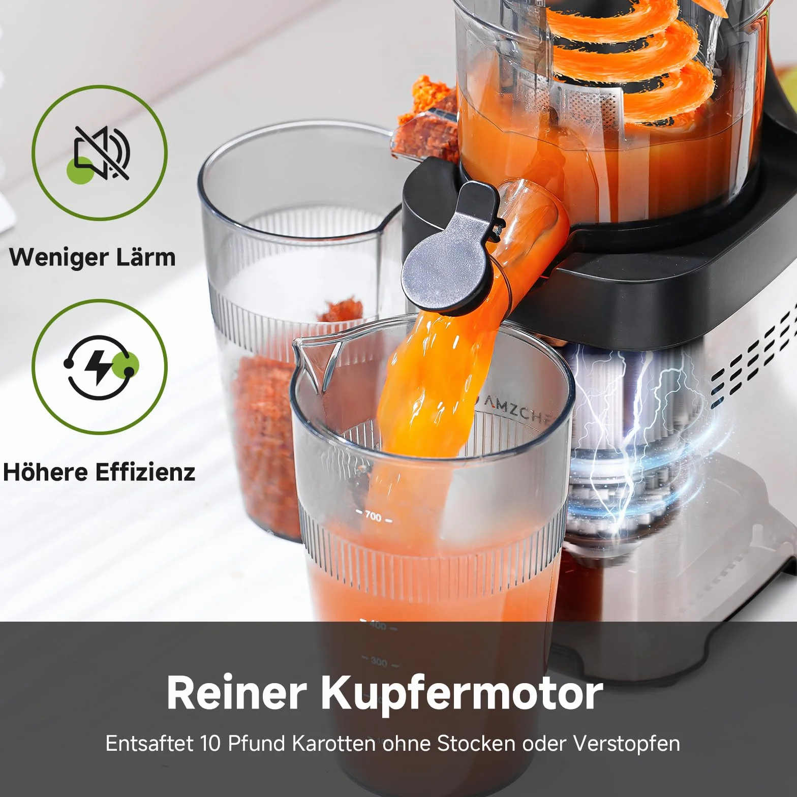 AMZCHEF Leicht zu Reinigender Entsafter mit 2 Gläsern - Slow Juicer
