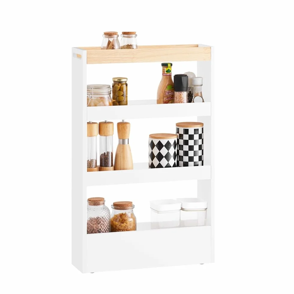 SoBuy Nischenschrank 15 cm Breit Rollwagen Schmal Küchenregal mit Rollen, Platzsparendes Nischenregal für Küche & Badezimmer, Ideale Lösung für kleine Räume, Apothekerschrank Küche 80x50x15 cm NSR12-W