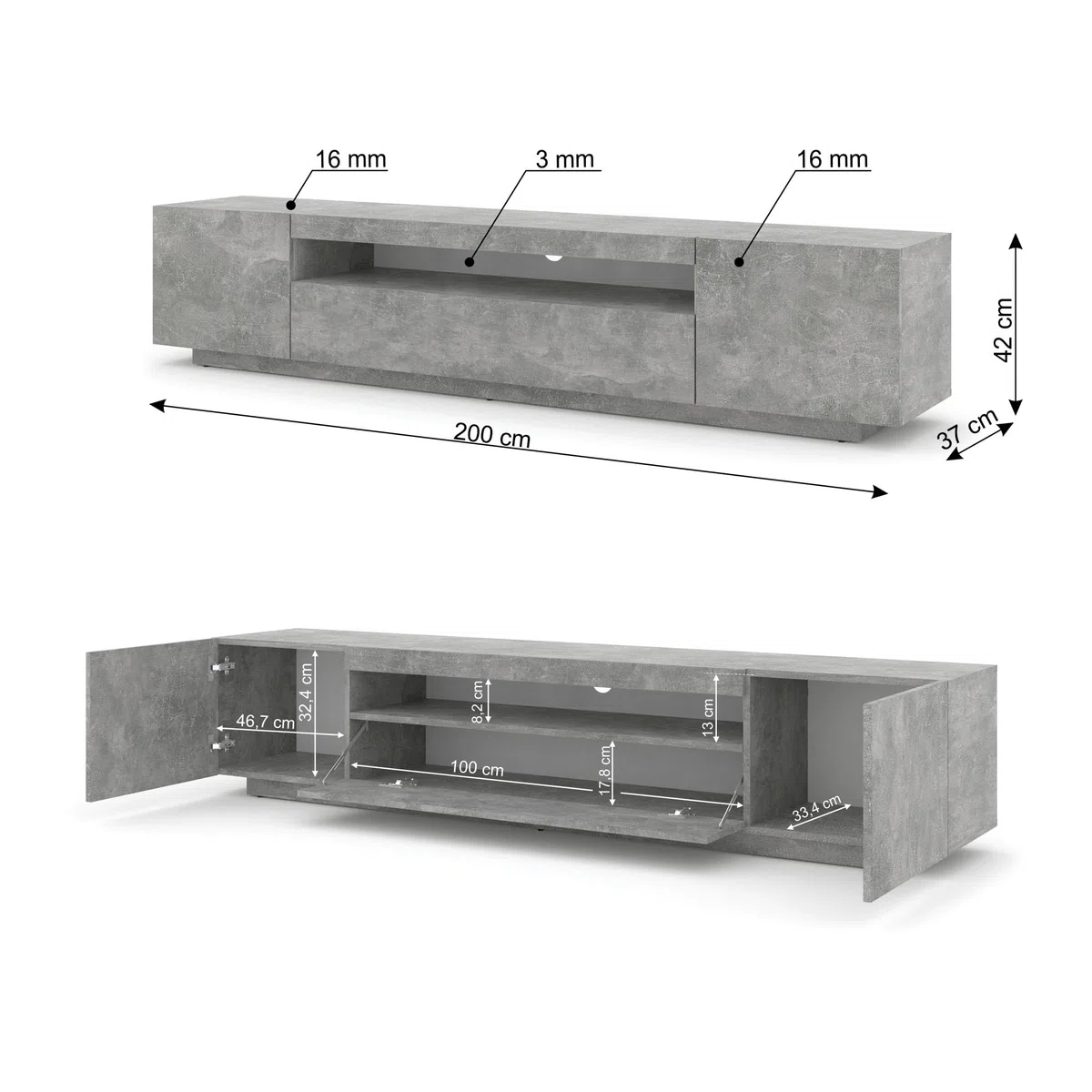 BIM Furniture Lowboard TV 200 cm - Universell Sideboard mit Laminierten Fronten und LED, Hängend oder stehend - Fernsehschrank HiFi Schrank fürs Wohnzimmer Beton