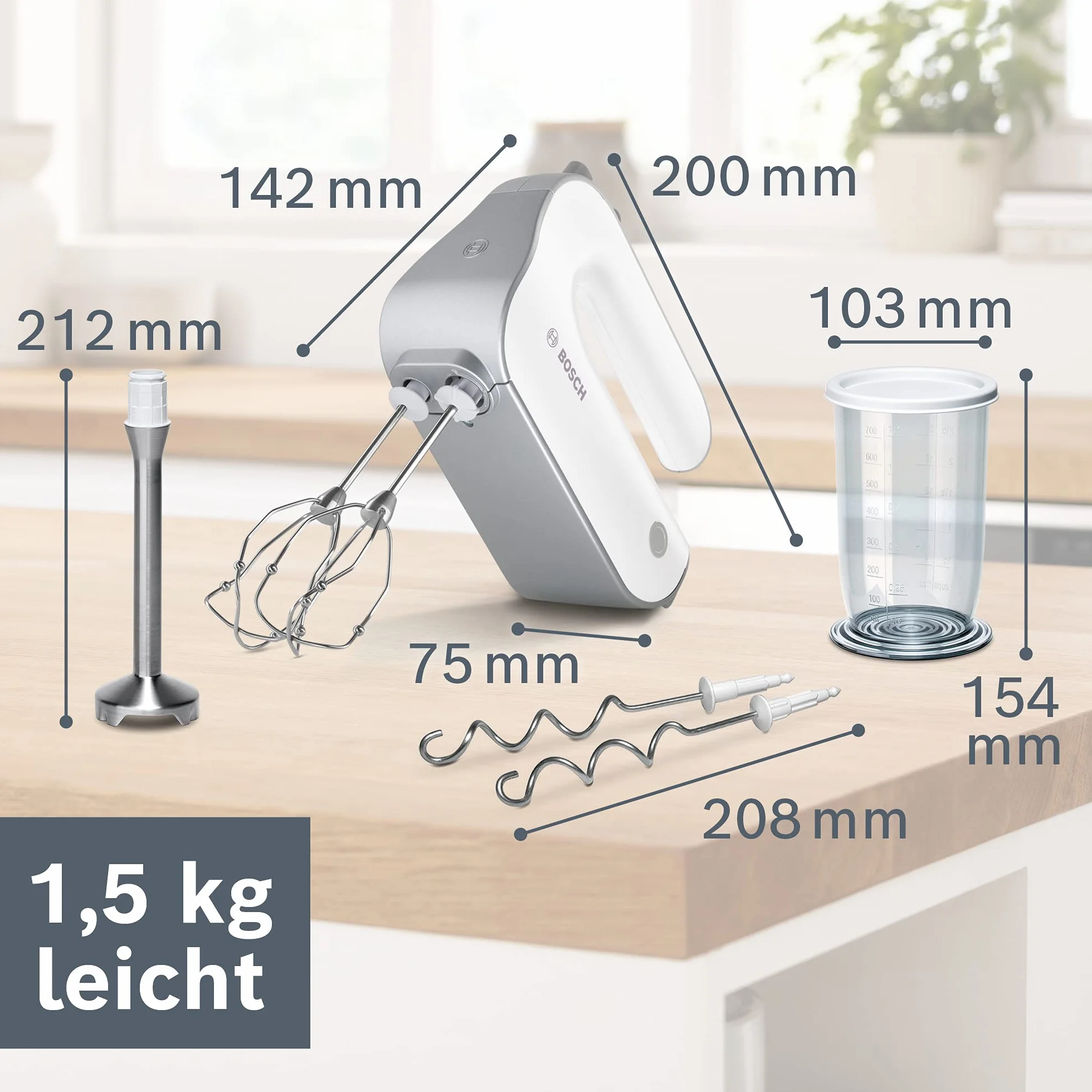 Bosch Handrührer Styline MFQ4075DE, 2 Rührbesen, 2 Edelstahl-Knethaken, spülmaschinengeeignet, Pürierstab, Mixbecher, 5 Stufen plus Turbostufe, 550 W, weiß/silber