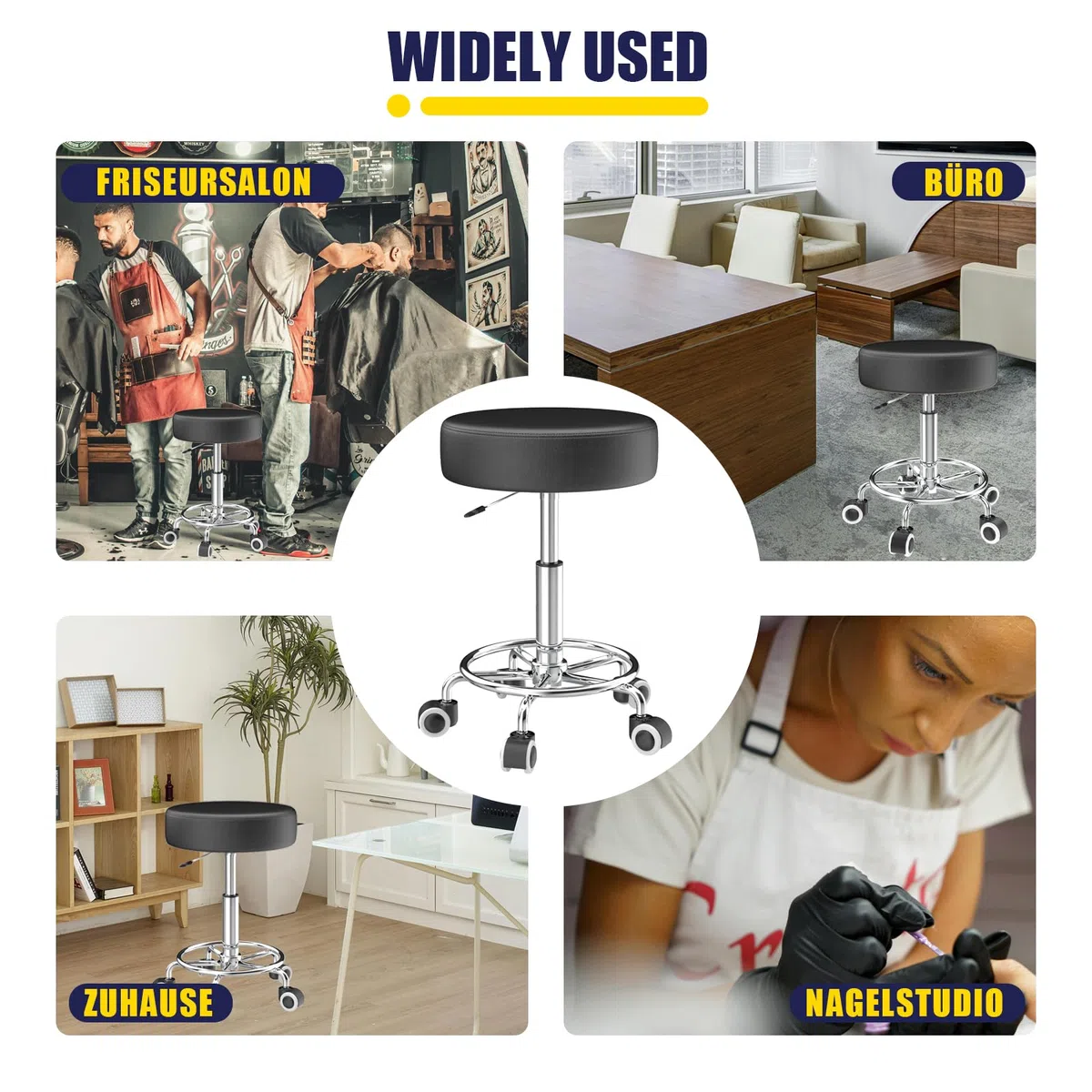Hocker höhenverstellbar 49cm-63cm,Rollhocker mit fußstützezur Entspannung des Körpers,kompakt,bequem und leicht PU leder hocker mit rollen,drehhocker,arbeitshocker,friseurhocker,bürohocker (1 Schwarz)