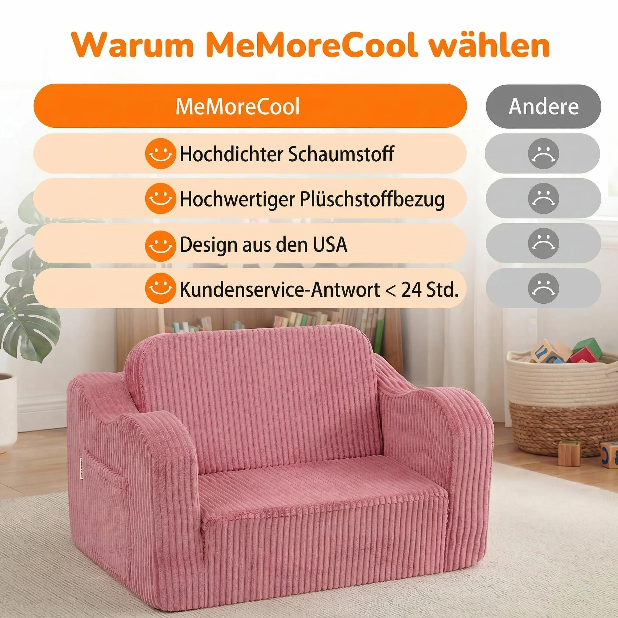MeMoreCool Cord Kindersofa, Kinder Relaxsessel, Baby Lounge Sofa, Mini Couch für Kuschelecke Kinderzimmer, ausklappbare Couch für Jungen und Mädchen im Alter von 1–3 Jahren, Rosa