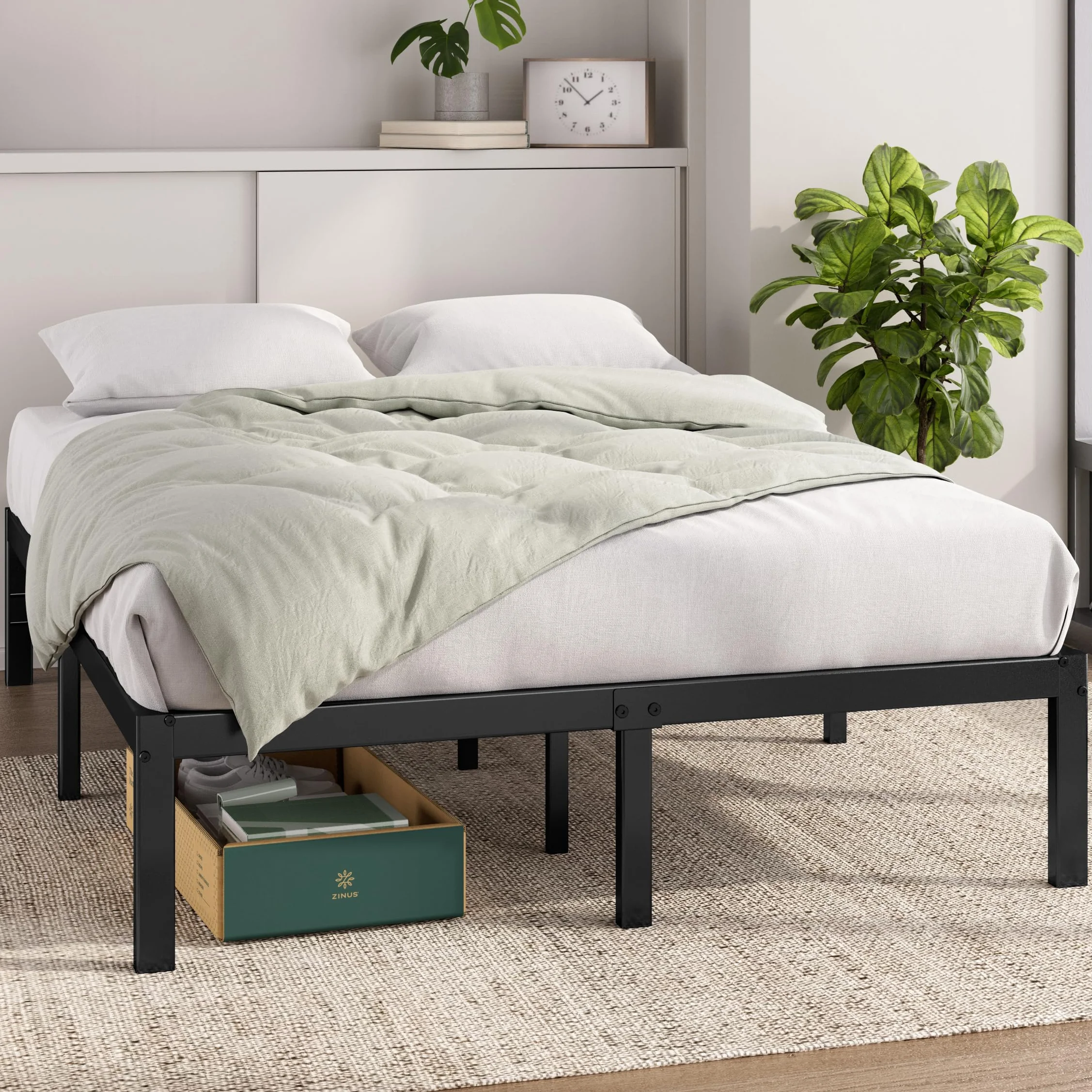 Zinus Elias Bettgestell 140x200 cm - Metallbett 140x200 mit Metall-Lattenrost - 36 cm Hohe Plattform mit Freiraum Darunter - Kein Boxspringbett Erforderlich - Einfache Montage - Schwarz