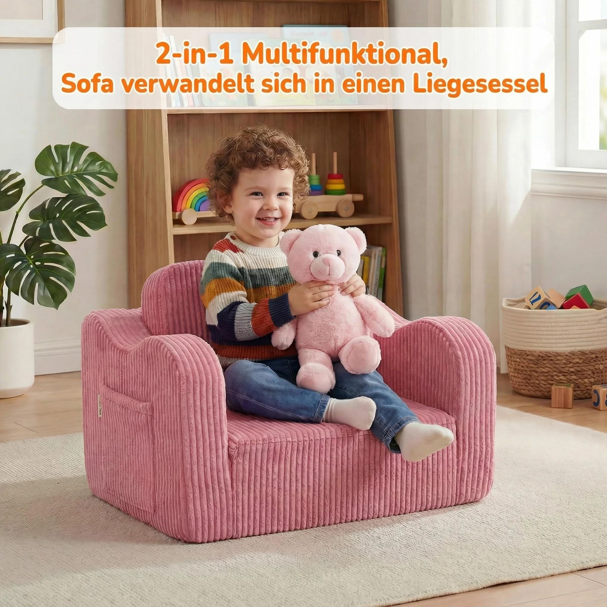 MeMoreCool Cord Kindersofa, Kinder Relaxsessel, Baby Lounge Sofa, Mini Couch für Kuschelecke Kinderzimmer, ausklappbare Couch für Jungen und Mädchen im Alter von 1–3 Jahren, Rosa