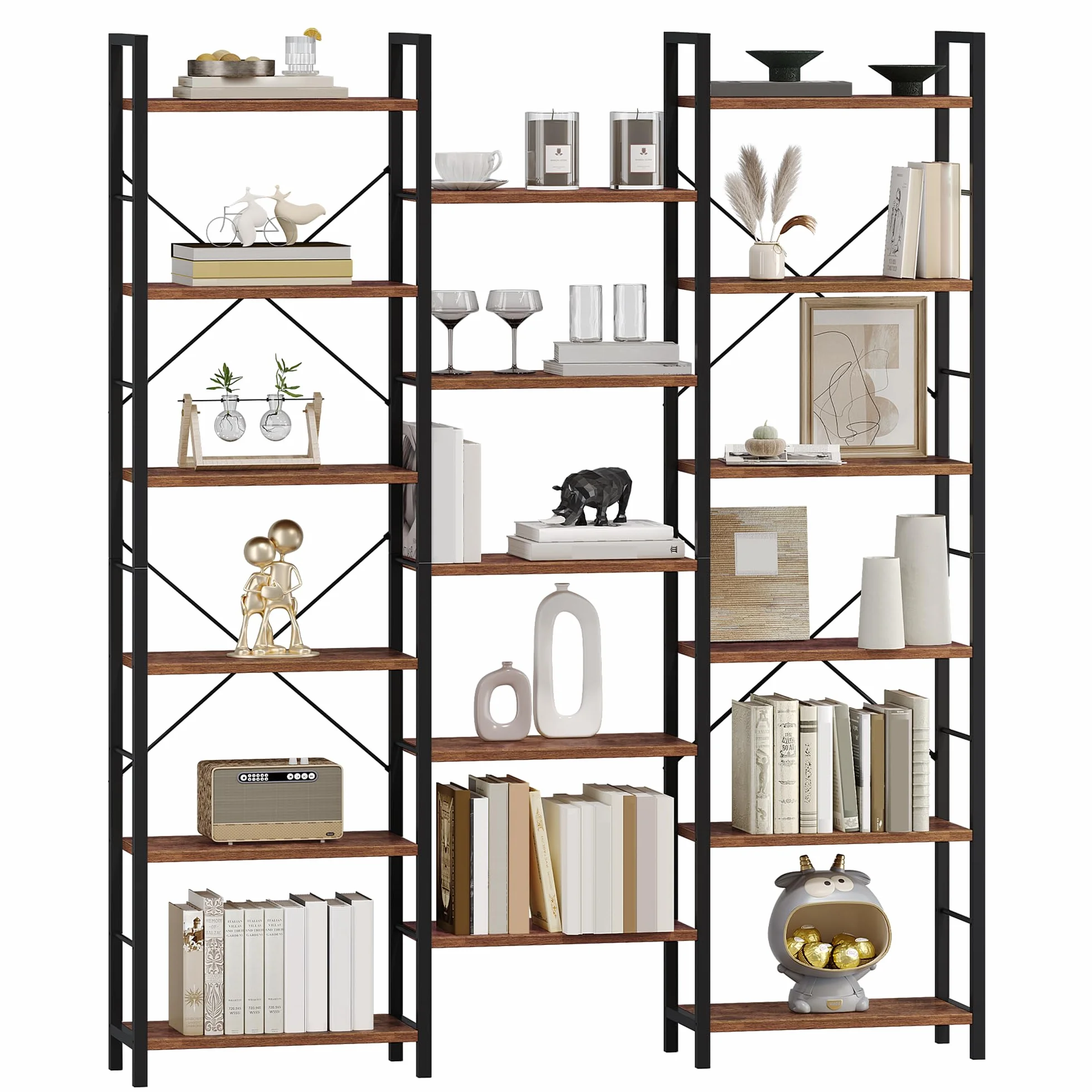Hzuaneri 186 cm Bücherregale, Standregale, Regal mit 17 Fachböden, 6 Etagen, Verstellbarer Abstand, 24 x 152 x 186 cm, Tragfähigkeit 340 kg, Wohnzimmer, Büro, Vintage Braun-Schwarz BC10101B