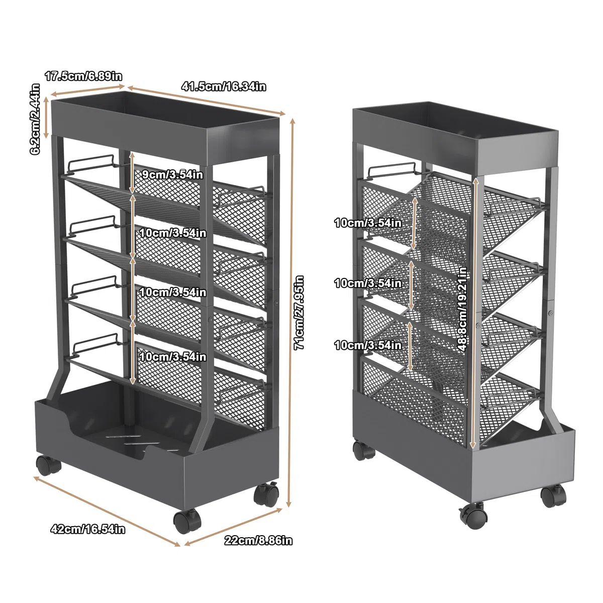 UMDONX Moderner, mobiler Buchwagen, einseitig, rollbares Bücherregal mit Metallplatte und Boden, hochwertige Einrastregale, robuste und elegante Aufbewahrung für Zuhause, Arbeitszimmer, Büro