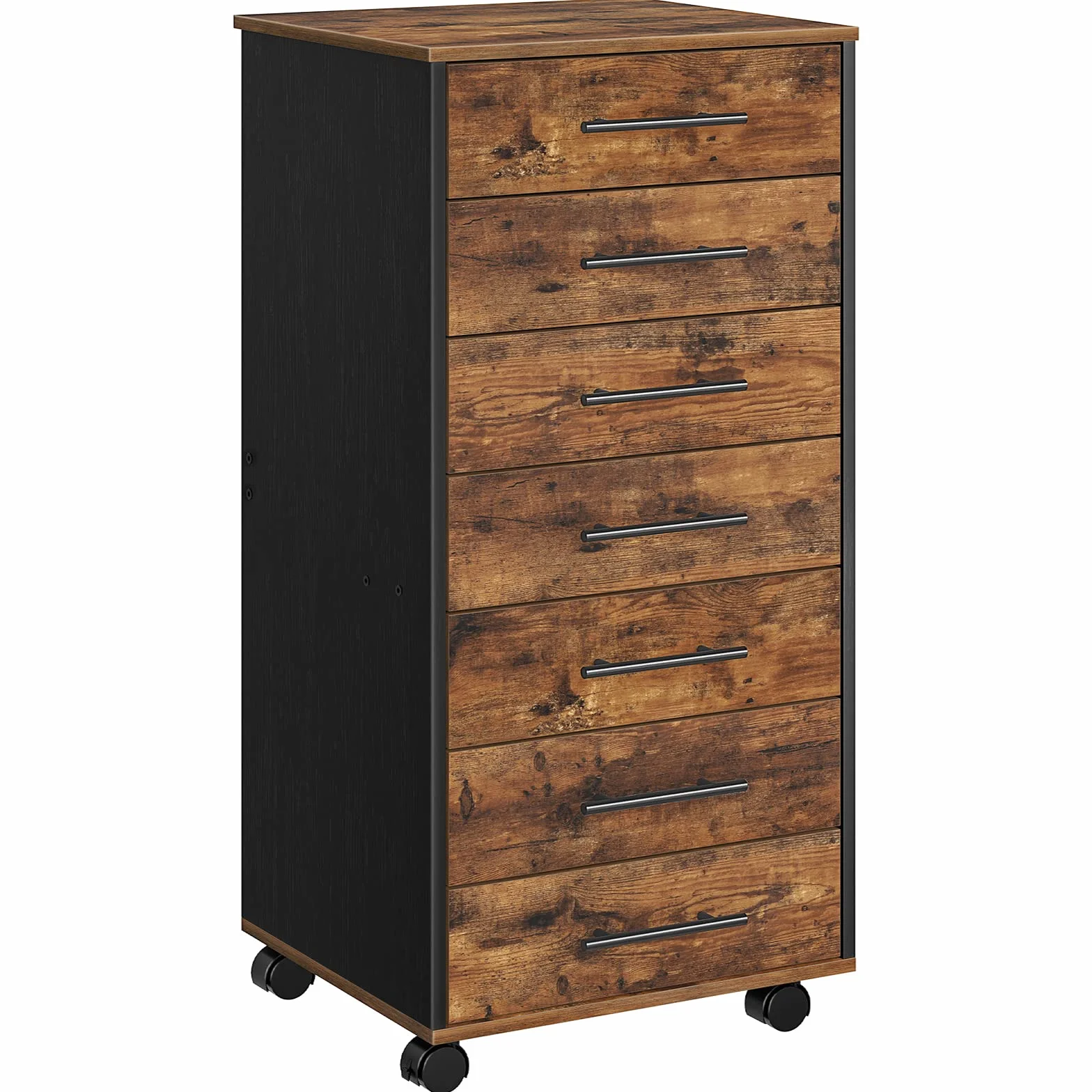 HOOBRO Rollcontainer mit 7 Schubladen, Aktenschrank, Holz Büroschrank, Büromöbel mit Schubladen, Aufbewahrungscontainer, für Büro, Arbeitszimmer, Einfache Montage, Vintagebraun und Schwarz EBF07WJ01