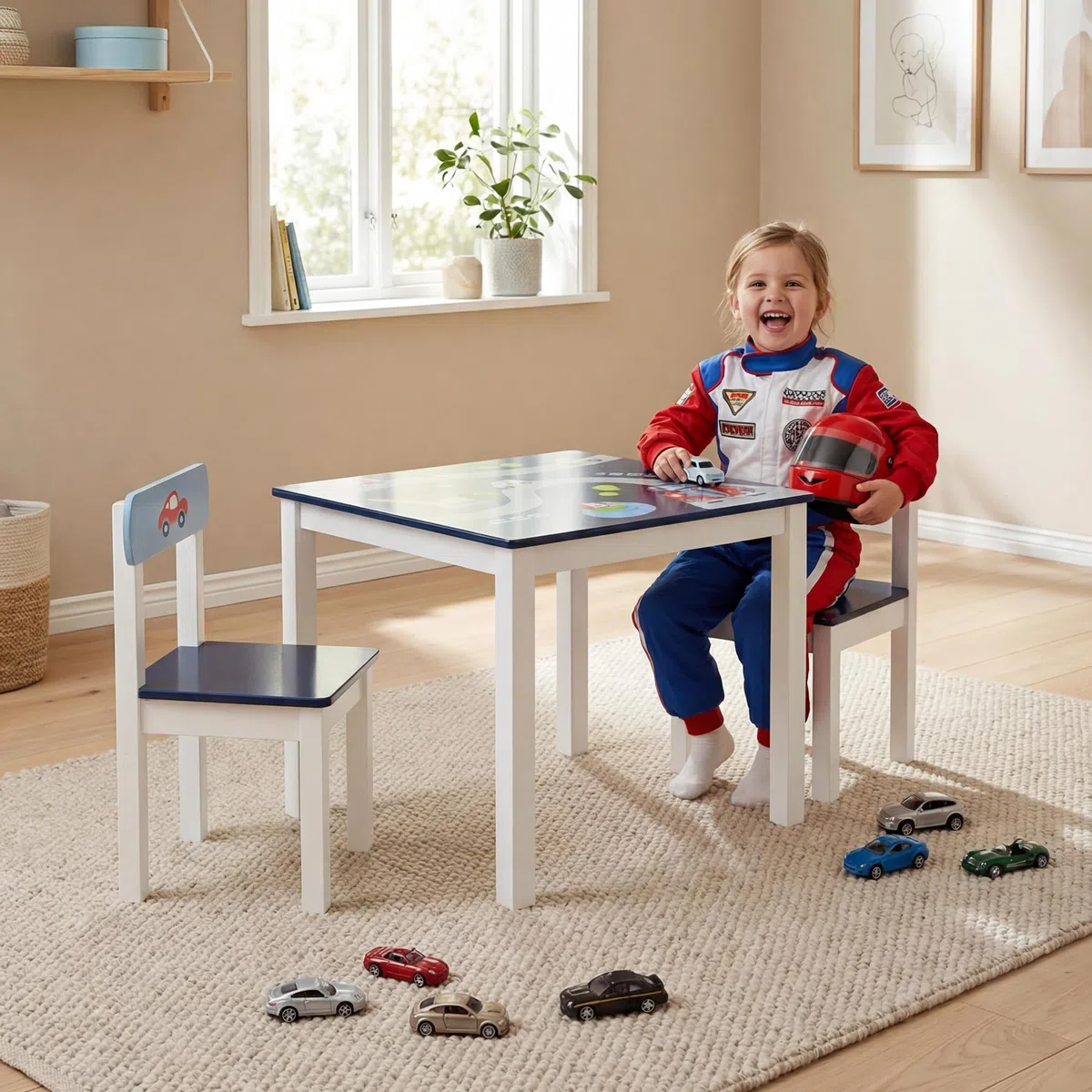 roba Kinder Sitzgruppe 'Rennfahrer', Kindermöbel Set aus 2 Kinderstühlen & 1 Tisch, Sitzgarnitur mit Fahrzeug-Motiven in blau