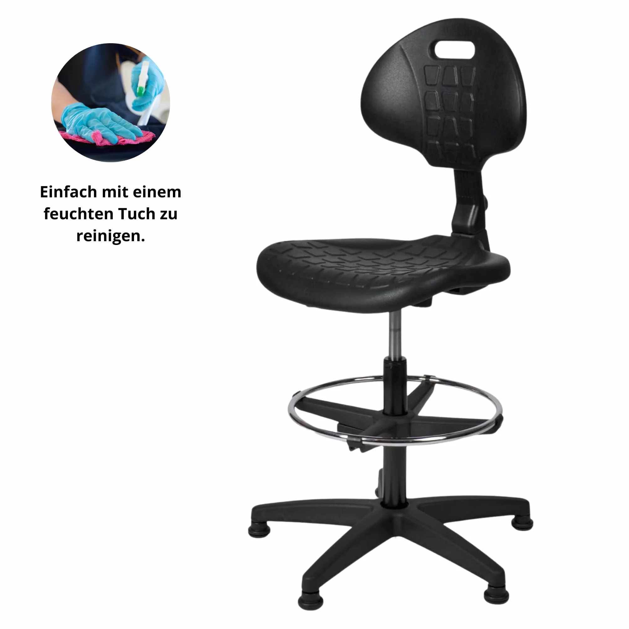 Topsit IND000112 Arbeitsstuhl aus Polyurethan, ergonomischer Arbeitsstuhl, Laborstuhl, höhenverstellbar und leicht zu reinigen, Stabiler Sockel mit Metallfußring und Füßen.