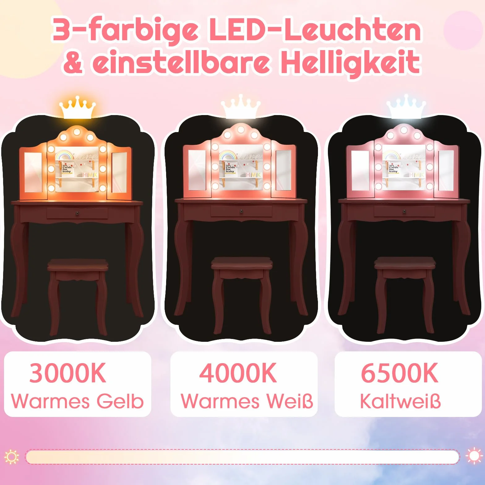 COSTWAY 2 in 1 Kinder Schminktisch mit Beleuchtung, Frisiertisch mit LED-Leuchten, klappbarem Spiegel & Schubladen, Kosmetiktisch Prinzessin für Kinder Mädchen(Weiß)
