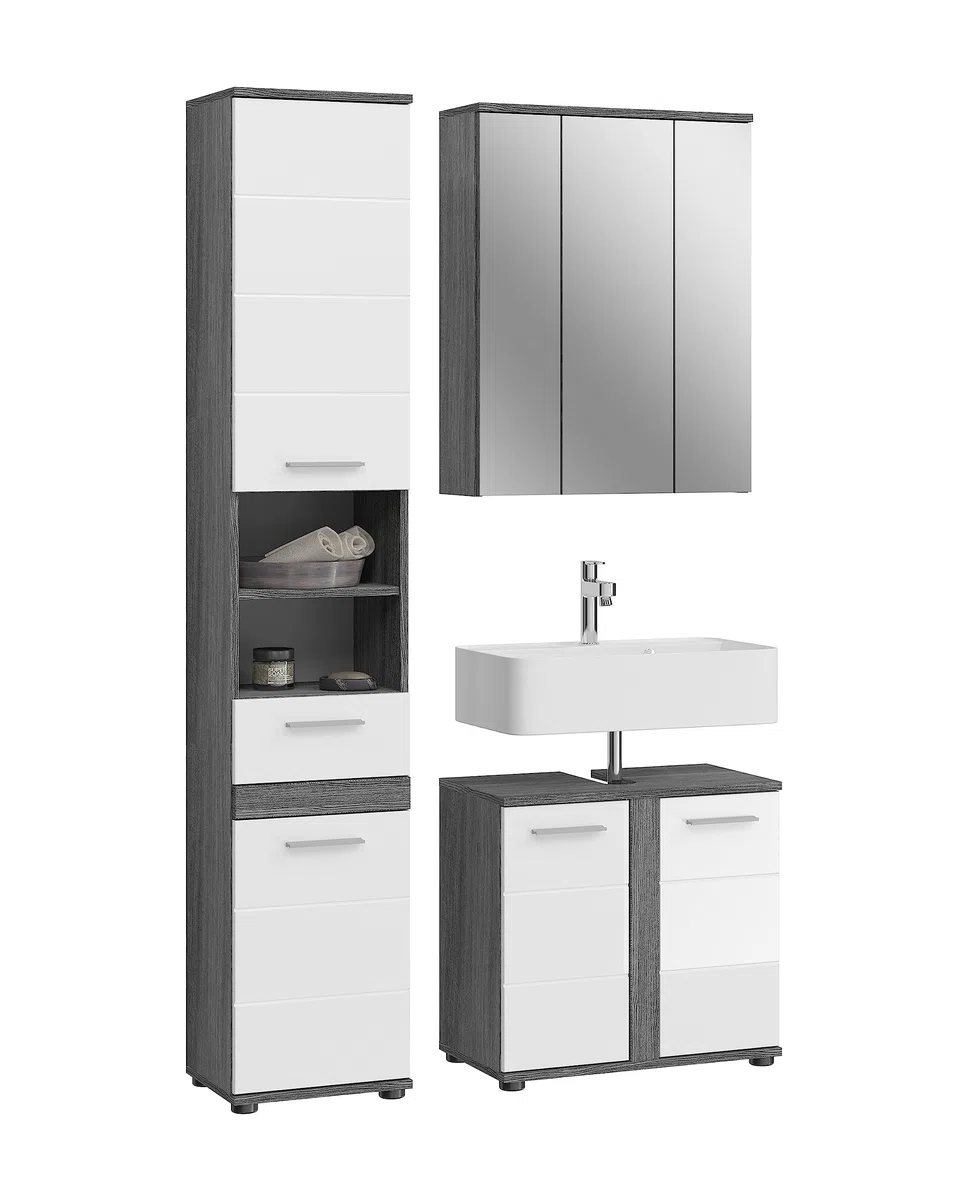 xonox.home Badezimmer Blake 3tlg. Kombination Badmöbel Set Set für kleine Bäder Komplettprogramm Badezimmer Bademöbel-Set in weiß Hochglanz, rauchsilber Nachbildung