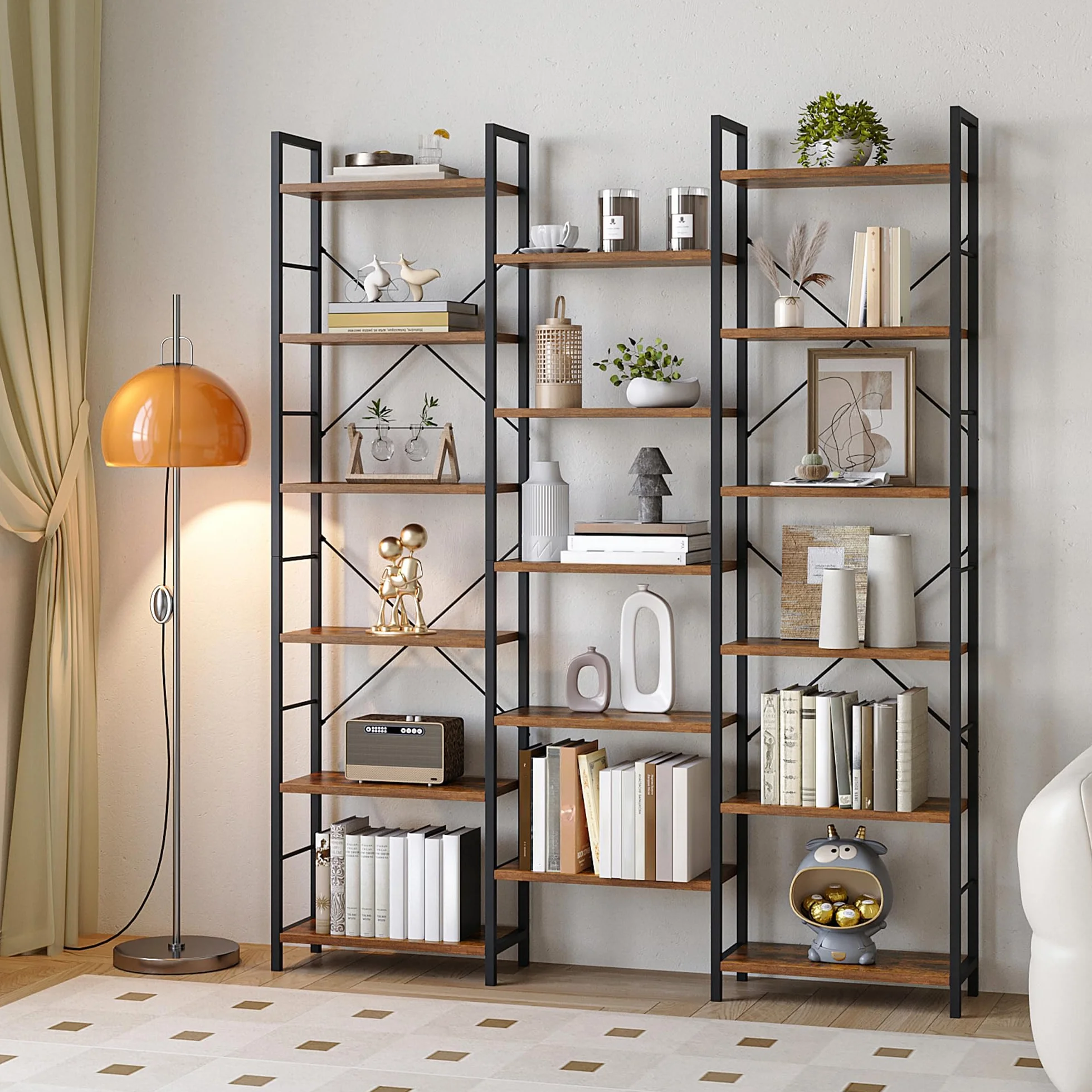 Hzuaneri 186 cm Bücherregale, Standregale, Regal mit 17 Fachböden, 6 Etagen, Verstellbarer Abstand, 24 x 152 x 186 cm, Tragfähigkeit 340 kg, Wohnzimmer, Büro, Vintage Braun-Schwarz BC10101B