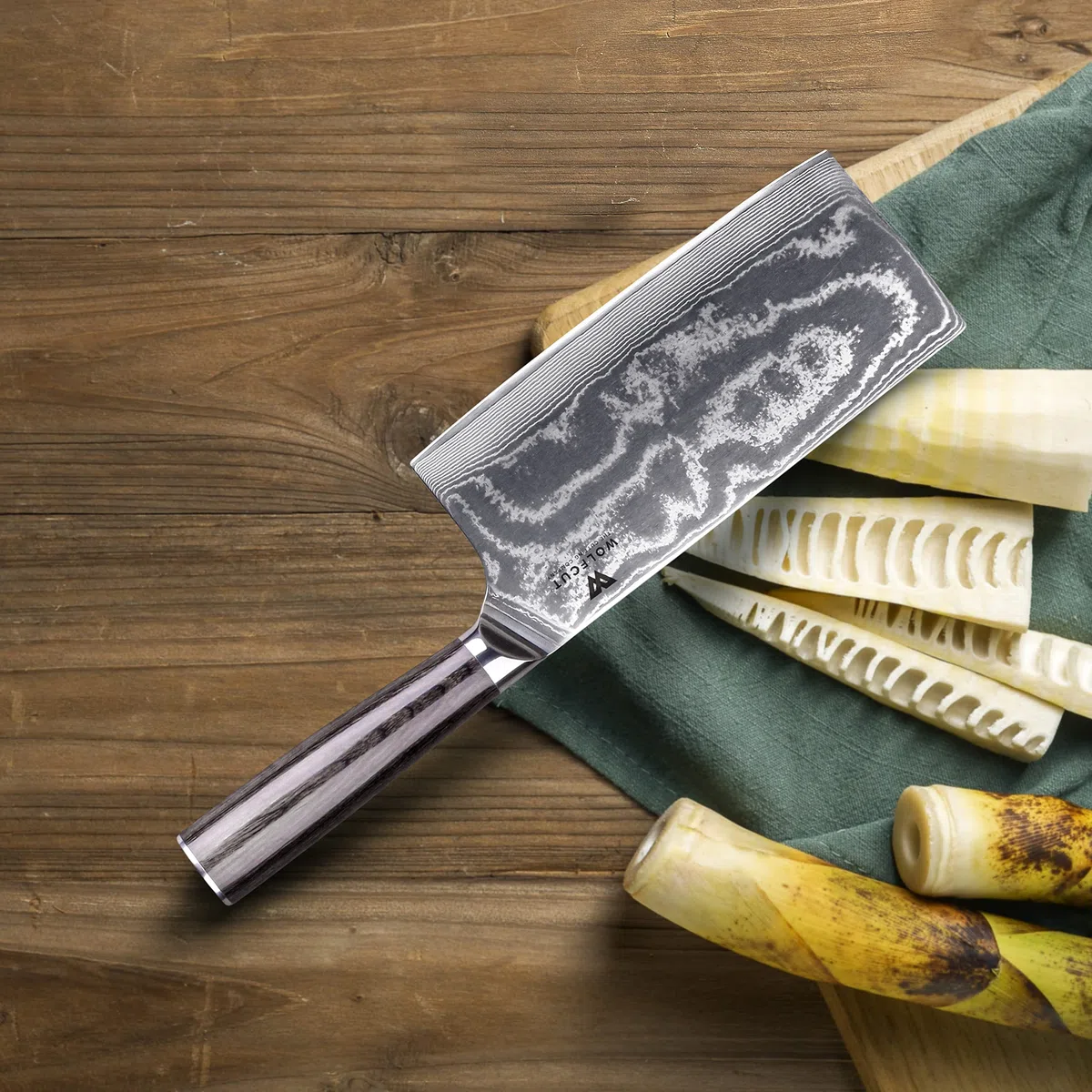 Wolfcut Damascus Hackmesser/Hackbeil 17,8 cm 67 Lagigen Damaszener Stahl schwarzes Pakkaholzgriff mit Geschenkbox
