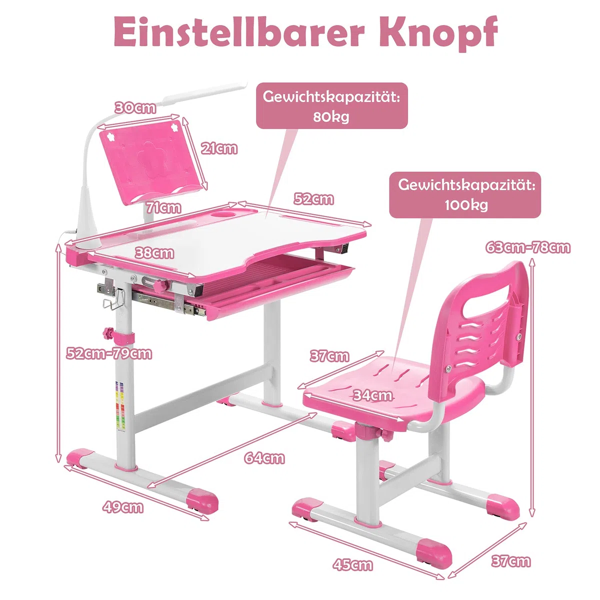 COSTWAY Kinderschreibtisch Set mit Bücherständer & LED-Licht, höhenverstellbarer Kindertisch und Stuhl mit gekippter Tischplatte & Schublade, Kinder Schreibtisch für Jungs & Mädchen (Rosa)