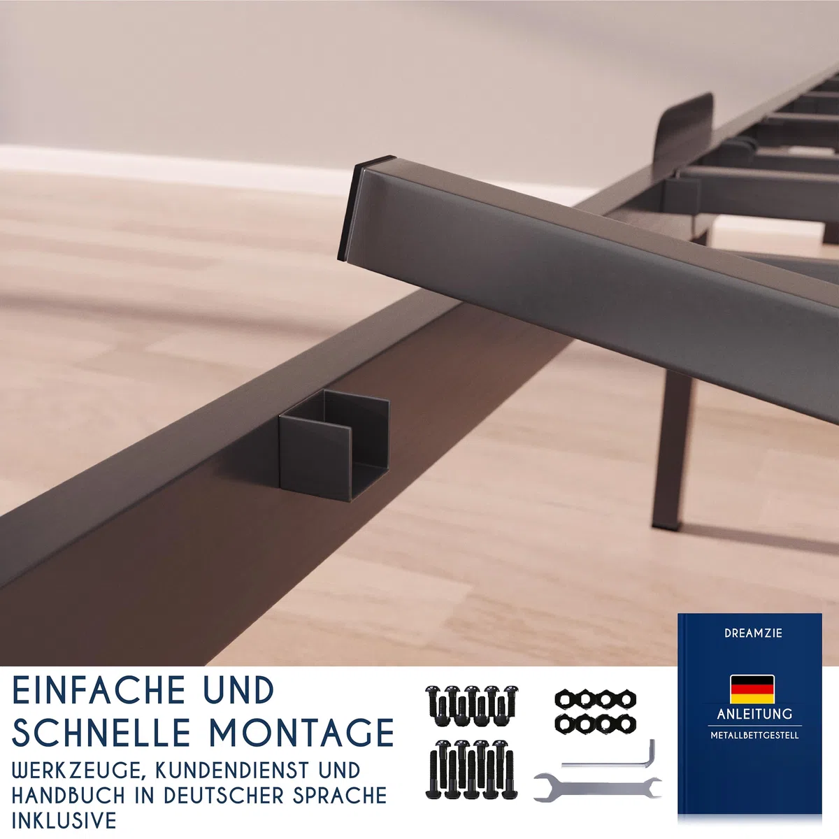 Dreamzie Bett 160x200 mit Lattenrost aus Metall - Bettgestell 160x200 für Matratze, Höche 35 cm - Großer Stauraum, Leicht zu Montieren und Stabil - Schwarzer Lattenrost