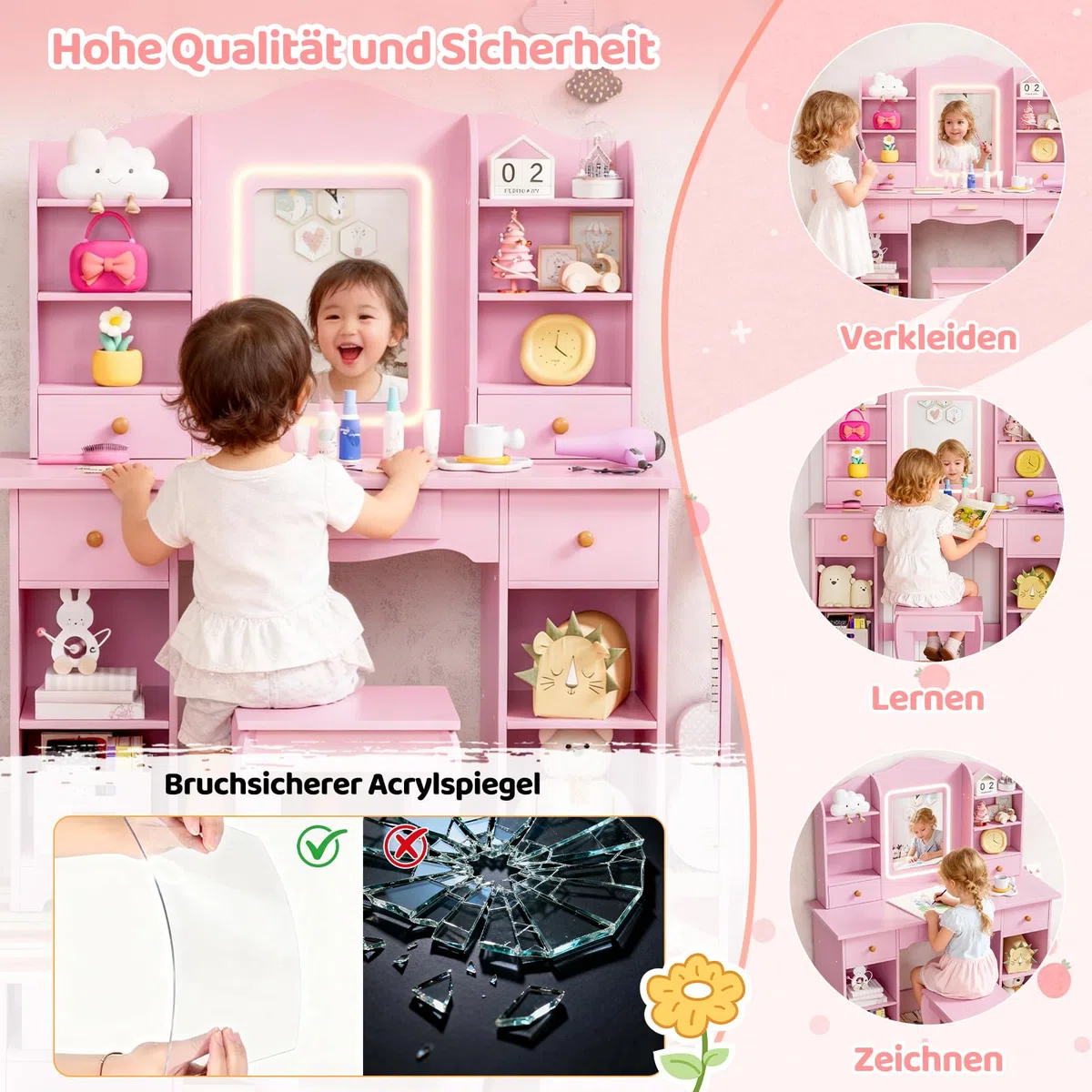 MAMIZO Schminktisch Kinder mit LED Beleuchtung, Kinderschminktisch mit Spiegel, Schreibtisch mit Hocker, 5 Schubladen und 10 Fächer, Prinzessin Frisiertisch, Schminktisch Mädchen ab 3, Rosa