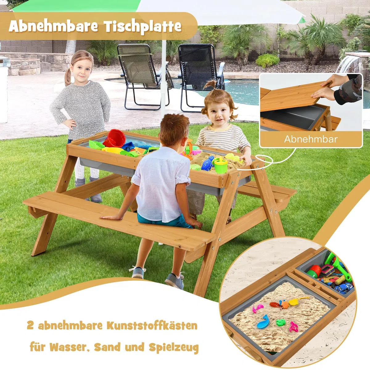 COSTWAY 3 in 1 Kinder Picknicktisch, Gartentisch mit Sonnenschirm & Bänke, Kindersitzgruppe Outdoor aus Holz mit Abnehmbarer Tischplatte & 2 Spielboxen für Garten, Hinterhof, Terrasse (Weiß+Grün)