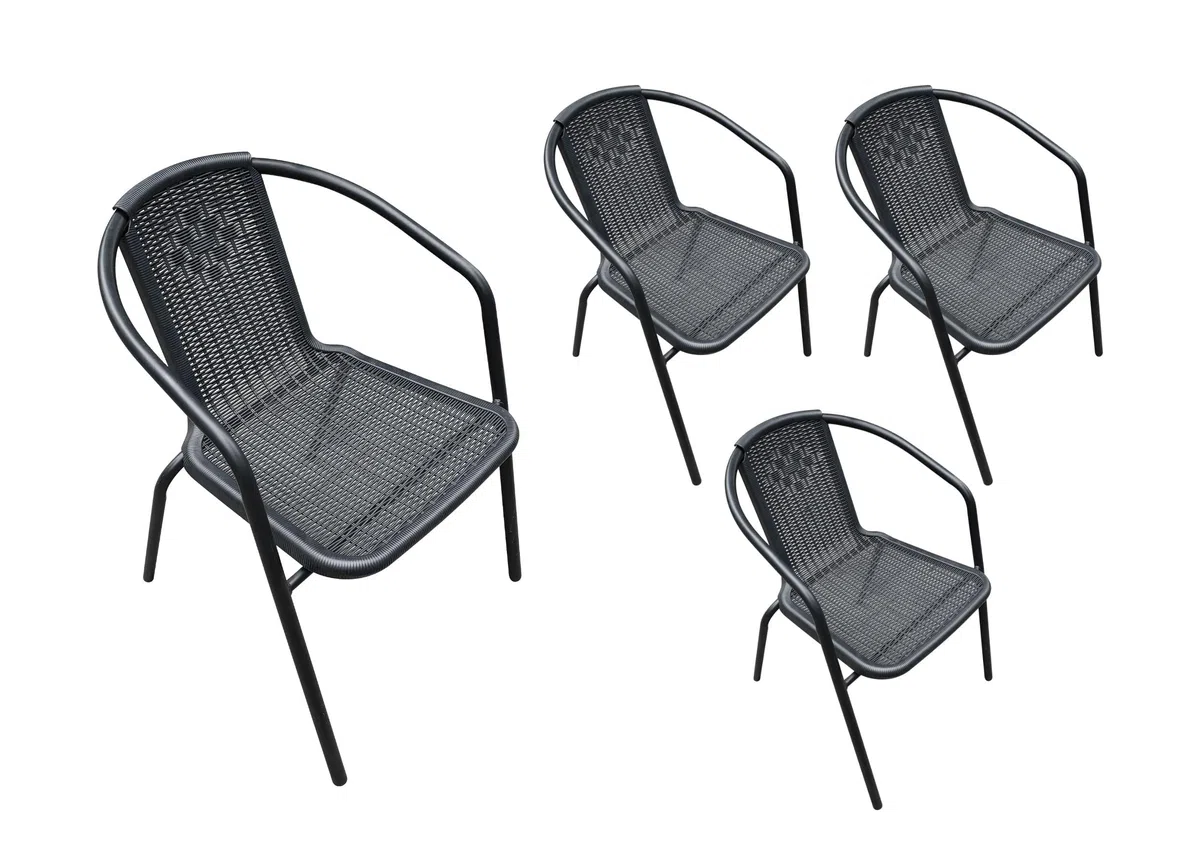 LC Garden Garvista 4er Stuhl Set Bistrostuhl Stapelstuhl, Gartenstuhl, Terassenstuhl, stapelbarer Armlehnstuhl mit Metallgestell in schwarz und Polyrattangeflecht