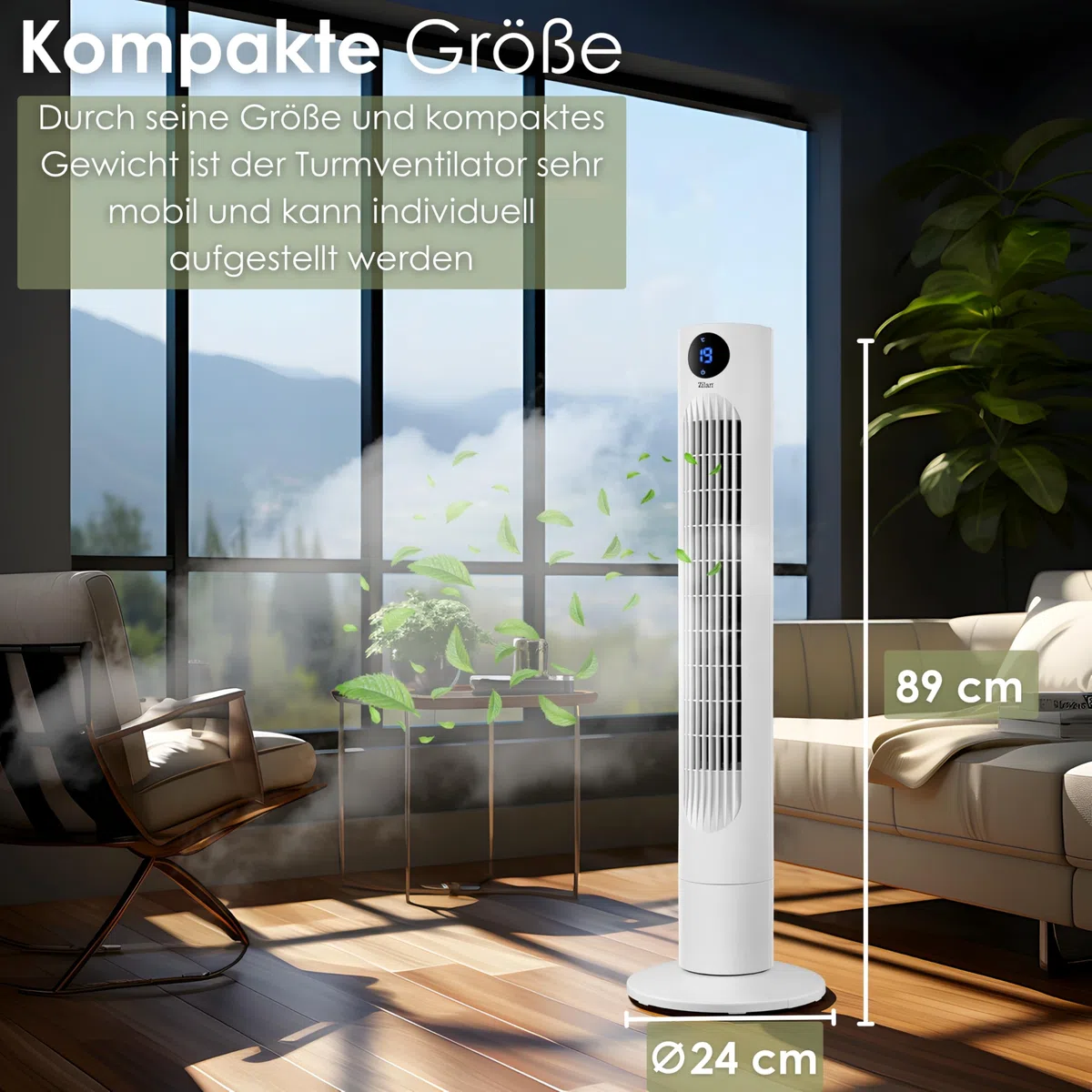 Zilan Turmventilator sehr leise mit Kühlung Standventilator energiesparend Säulenventilator mit Fernbedienung 3 Modi Ventilator Oszillierend 12h Timer LED-Display Tower Fan Aircooler Bodenventilator