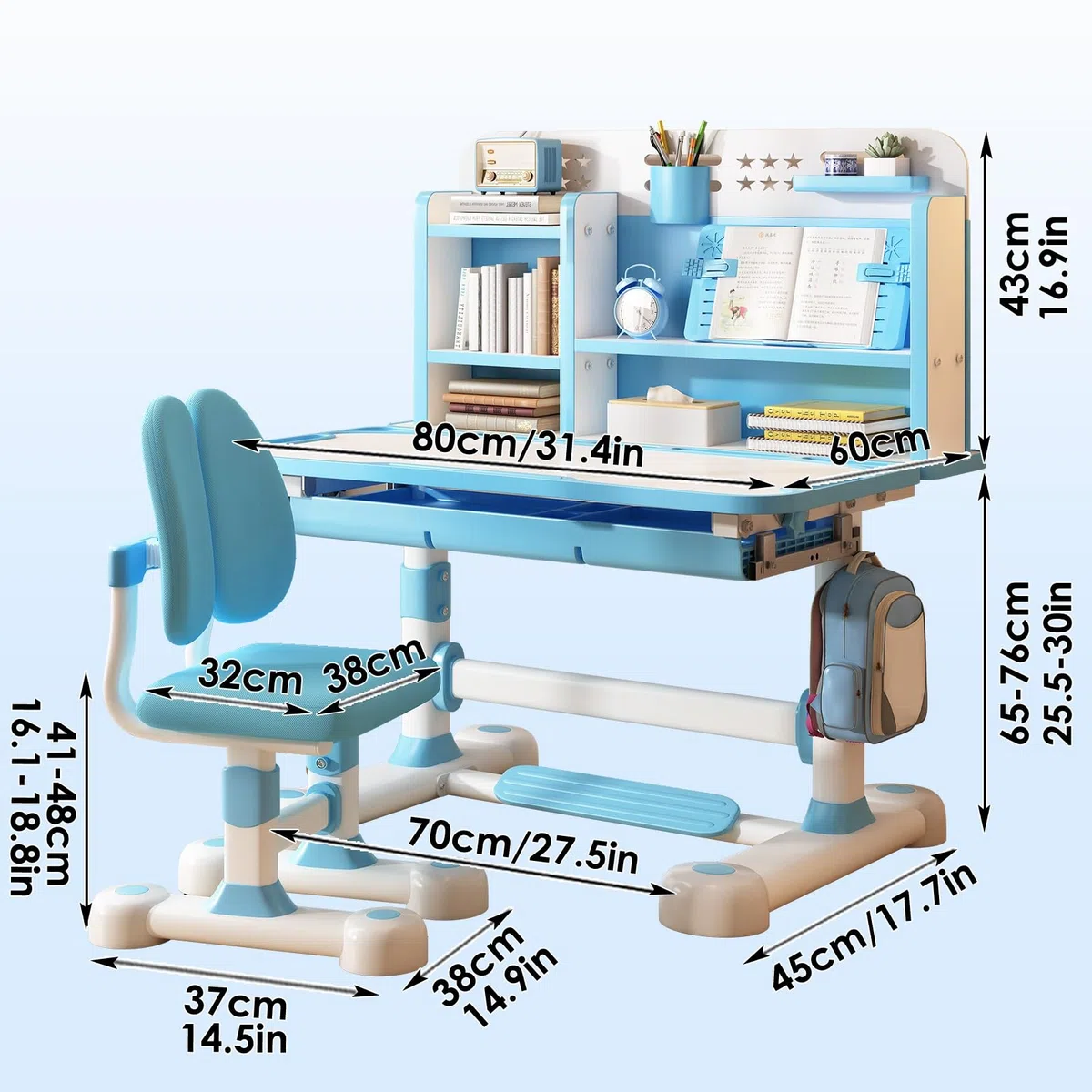 Altsuceser Kids Study Schreibtischstuhl-Set, höhenverstellbar, Kinder, Schule, Studium, Tischstuhl-Set mit Sitzkorrektur, ergonomischer Schreibtischstuhl mit Buchständer, Fußpedal, Trennwand-Design