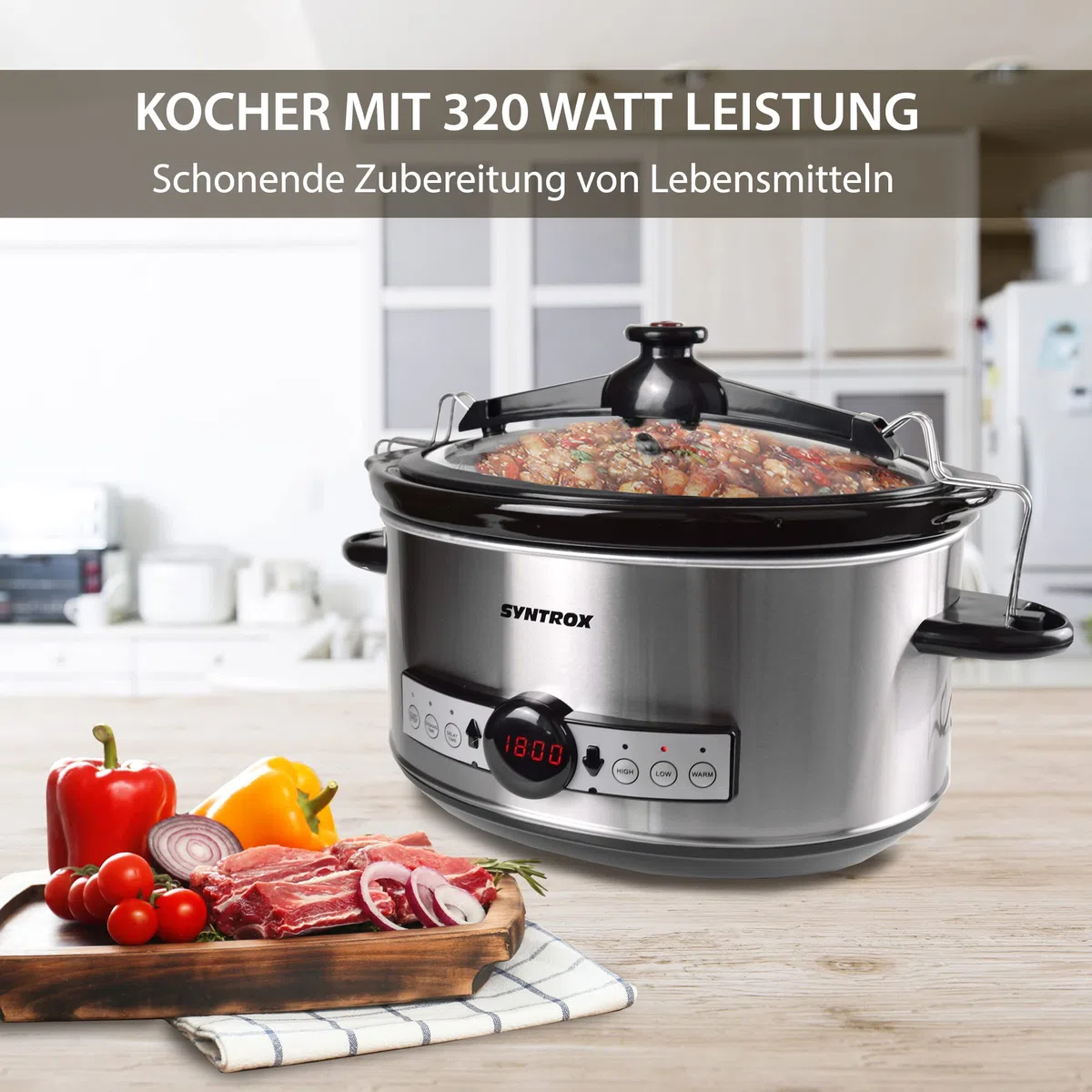 Syntrox Germany Slow Cooker Schongarer 6,5L mit Timer und Warmhaltefunktion - Leistung 320 Watt