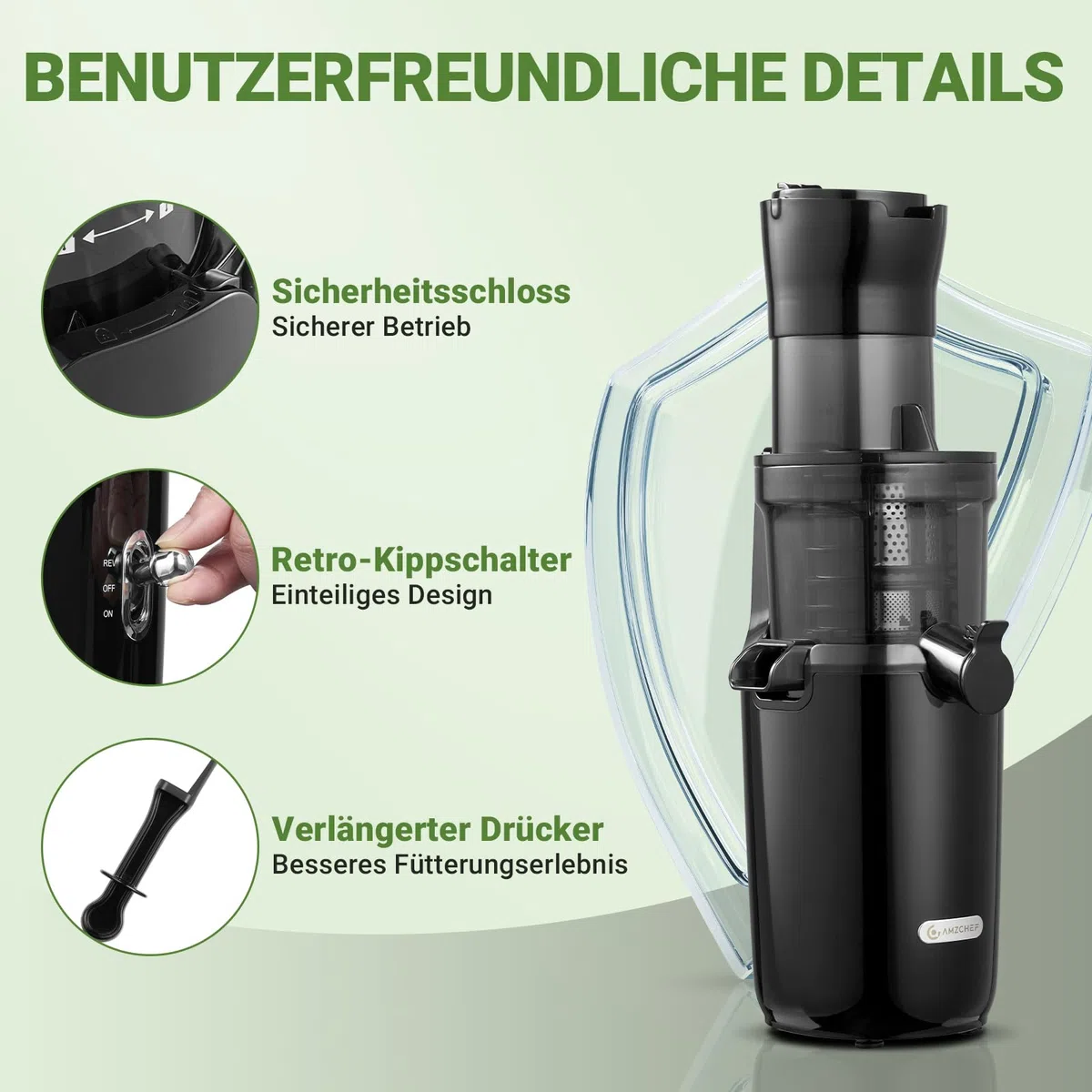 AMZCHEF Ganzfrucht Entsafter - 80MM große Öffnung Slow Juicer - Entsafter Gemüse und Obst Testsieger mit Verbesserter Schnecke, Doppelschicht Filter, Retro Kippschalter, Leiser Motor - Schwarz