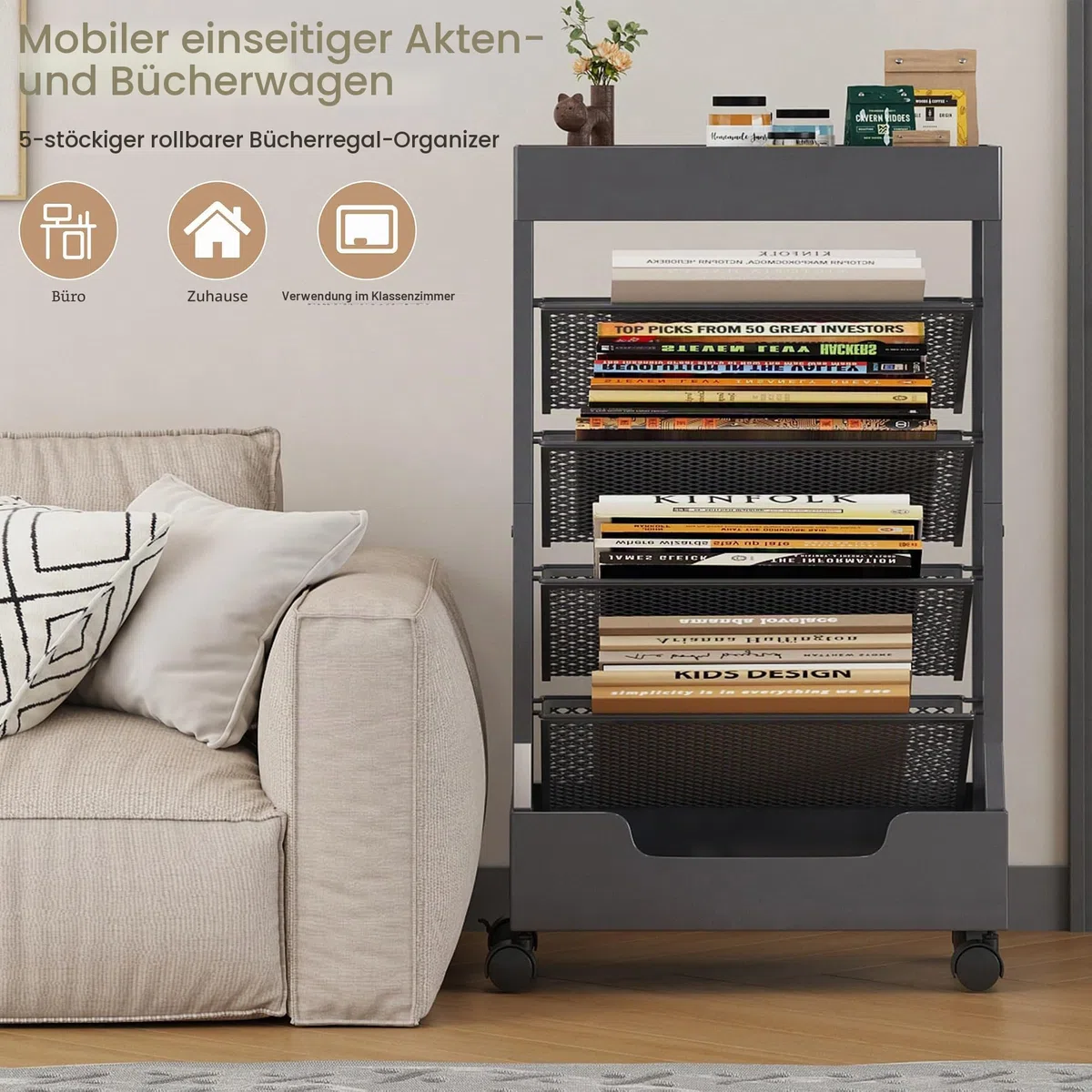 UMDONX Moderner, mobiler Buchwagen, einseitig, rollbares Bücherregal mit Metallplatte und Boden, hochwertige Einrastregale, robuste und elegante Aufbewahrung für Zuhause, Arbeitszimmer, Büro