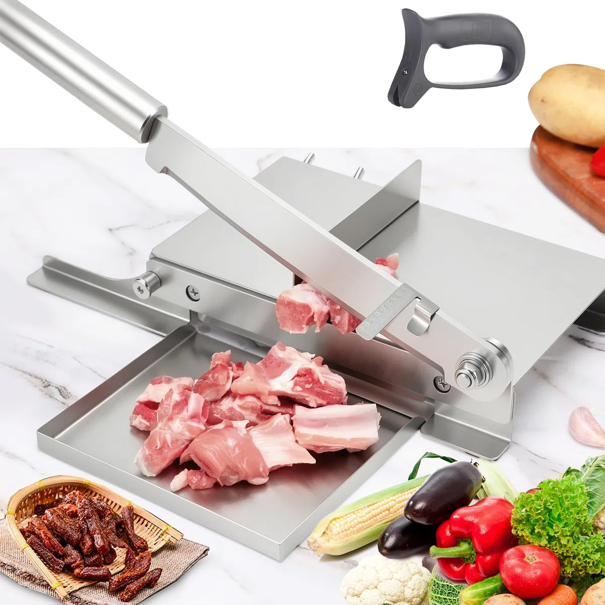 Moongiantgo Manueller Fleischschneider Handbuch Rippen Fleischschneider Biltong Slicer mit Abnehmbarer Skala, 190mm Klingenlänge für Kräuter Ginseng Nougat Speck Schinken Gemüse Delikatessen (KD0270)