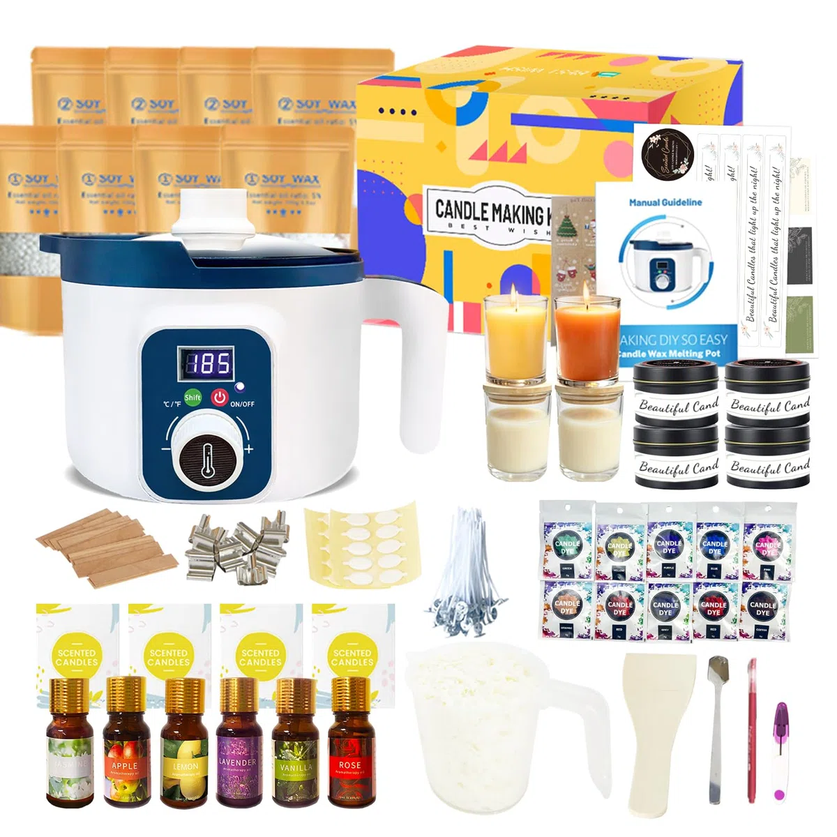 KQU Kerzen Set Selber Machen mit Digitalem Schmelzer, Komplettes Kerzengieß Starter Set für Kunst Und Handwerk, Soja Kerzen mit Duft Selber Machen