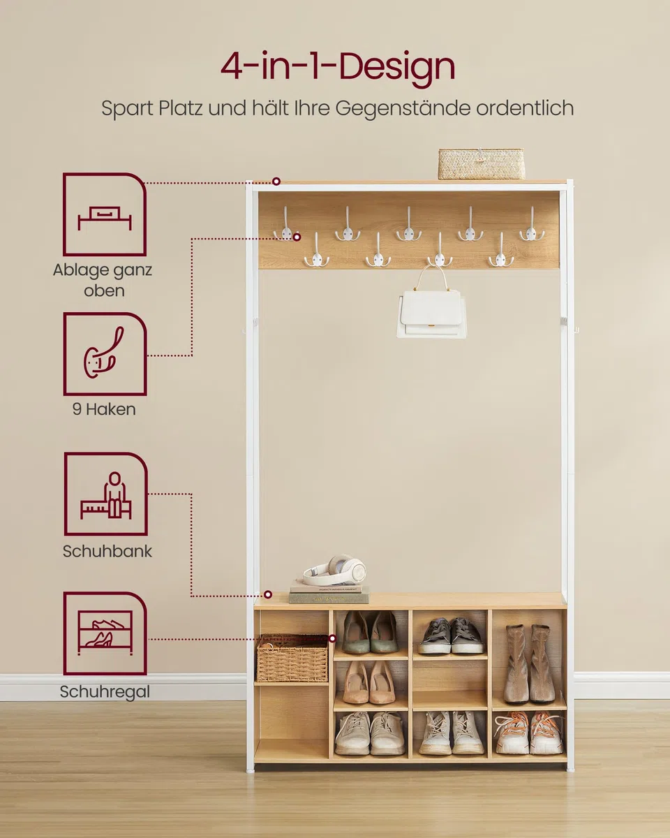 VASAGLE Kleiderständer, Garderobe, Eingangsmöbel mit Schuhregal, offene Fächer, Kleiderhaken, verstellbare Ablagen, modern, für Flur, Eingangsbereich, eichenfarben-weiß HSR432YA01