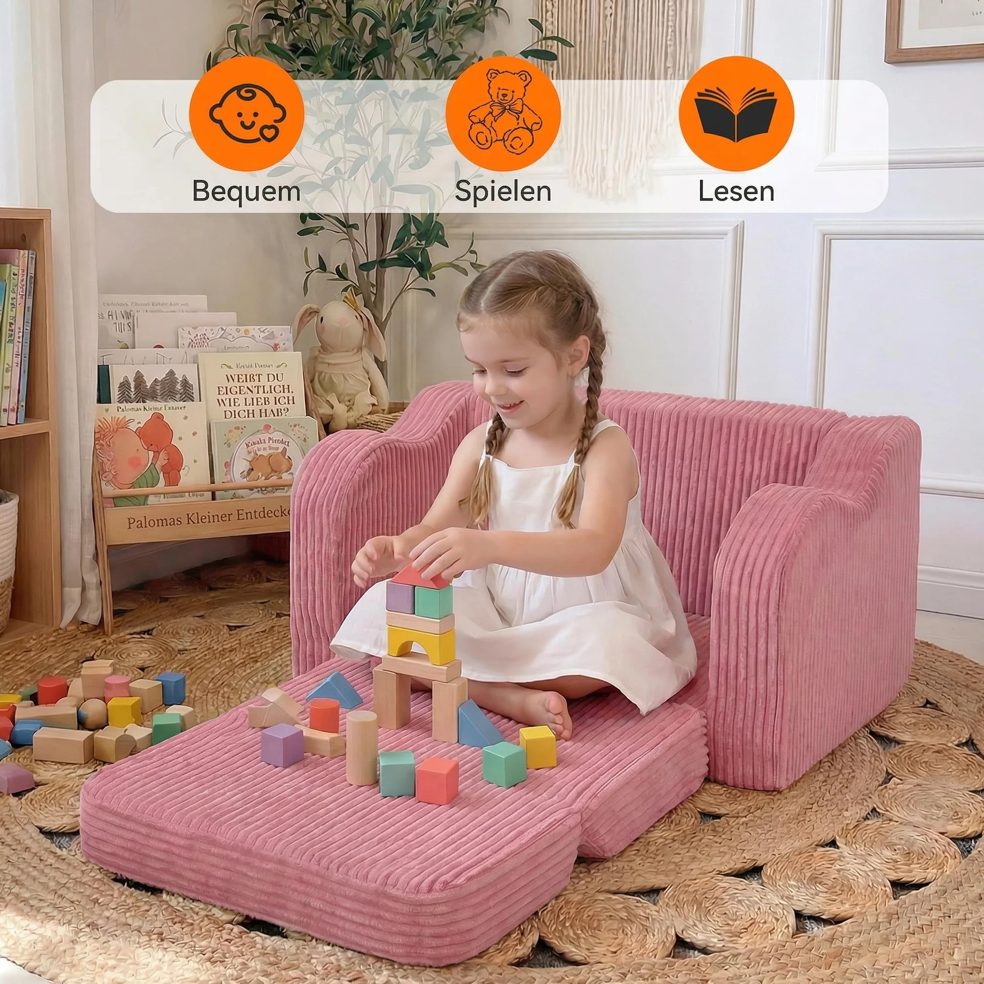 MeMoreCool Cord Kindersofa, Kinder Relaxsessel, Baby Lounge Sofa, Mini Couch für Kuschelecke Kinderzimmer, ausklappbare Couch für Jungen und Mädchen im Alter von 1–3 Jahren, Rosa