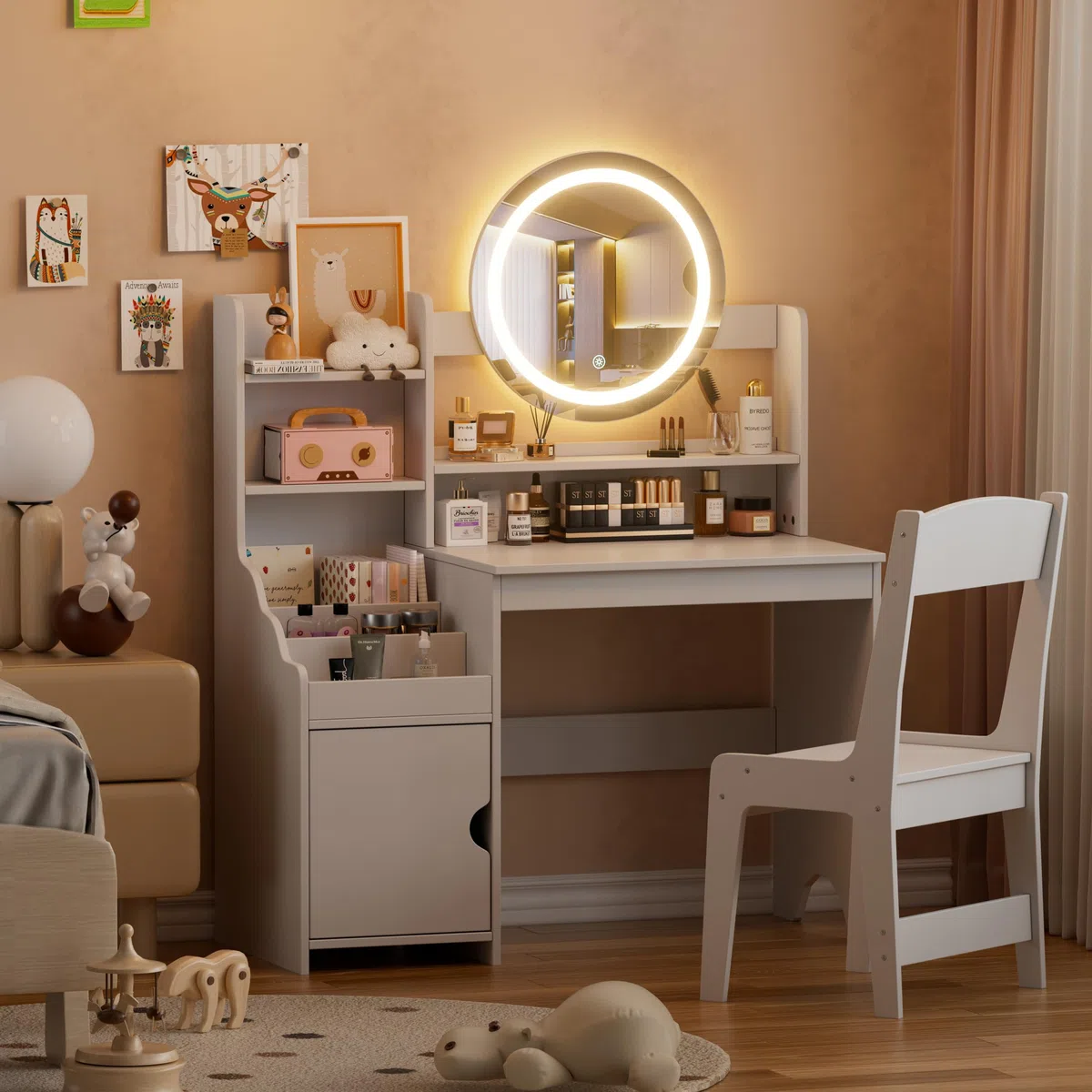 MSFE 2 in 1 Schminktisch Kinder Set, Kinderschminktisch Prinzessin Frisiertisch mit Hocker, LED-Spiegel & Stauraum Schrank, Frisierkommode Mädchen Holz ab 5 mit offenen Fächern (Weiß)