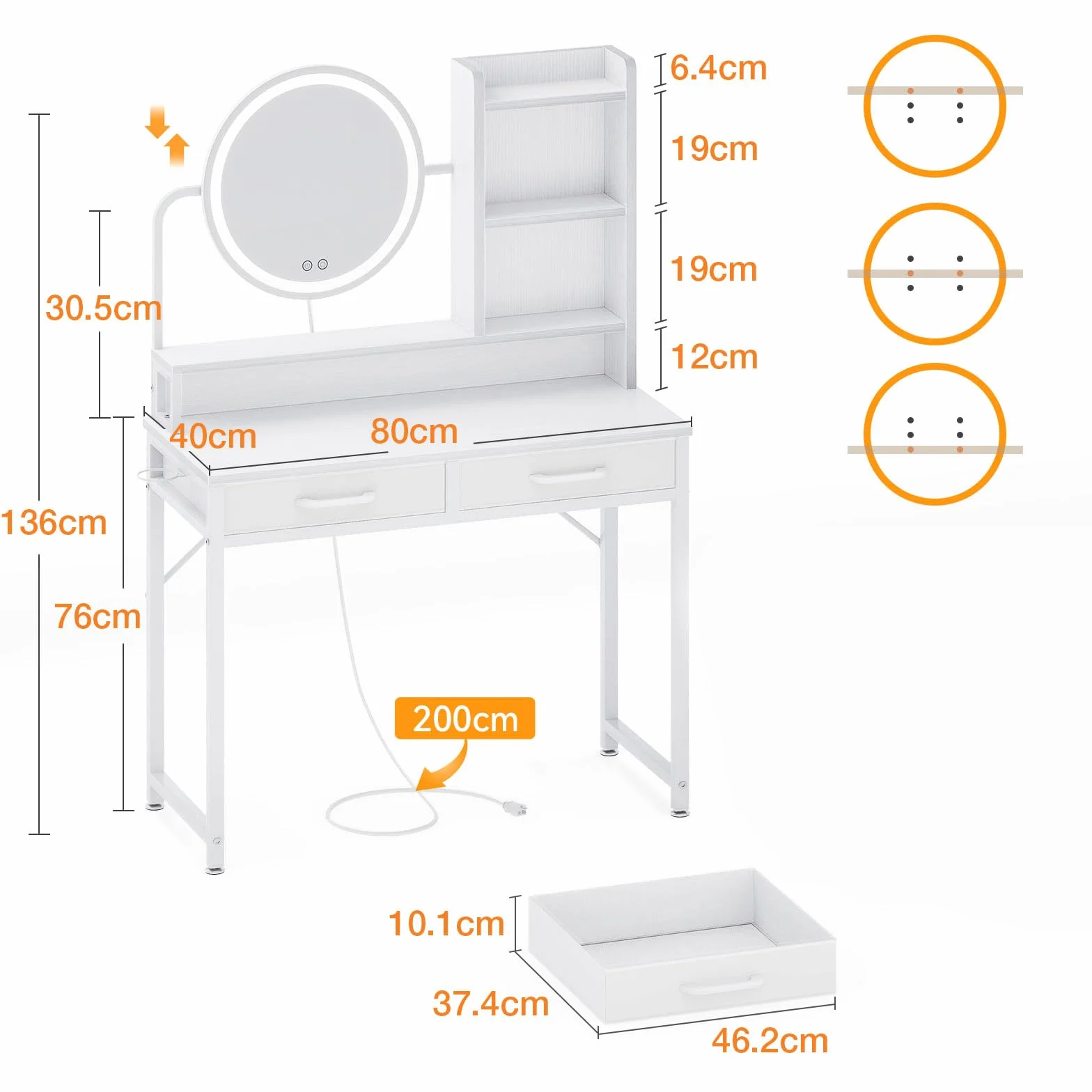 ODK Schminktisch mit LED-Lichtern, Verstellbare Helligkeit & Höhenverstellbar für 120-180 cm, 2 Stoffschubladen, 80×40×136cm, Weiß+Weiß