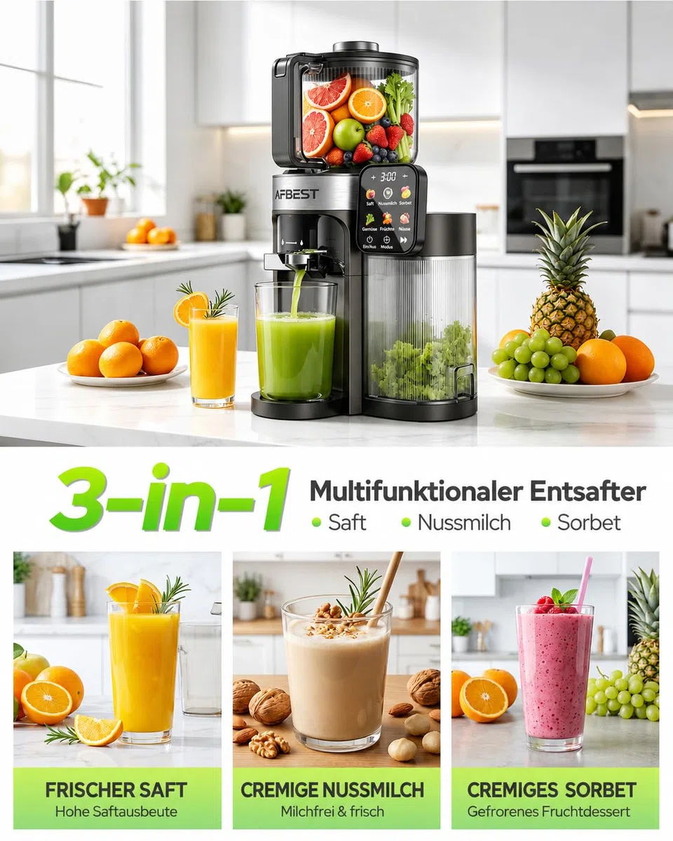 2026 Verbesserter Slow Juicer, Entsafter mit 155 MM Breitem Einfüllschacht und 2,5 L Einfülltrichter, 3-in-1 Smart Touch Juicer Machine für ganze Früchte/Gemüse, Sorbet und Nussmilch (Gray-B)