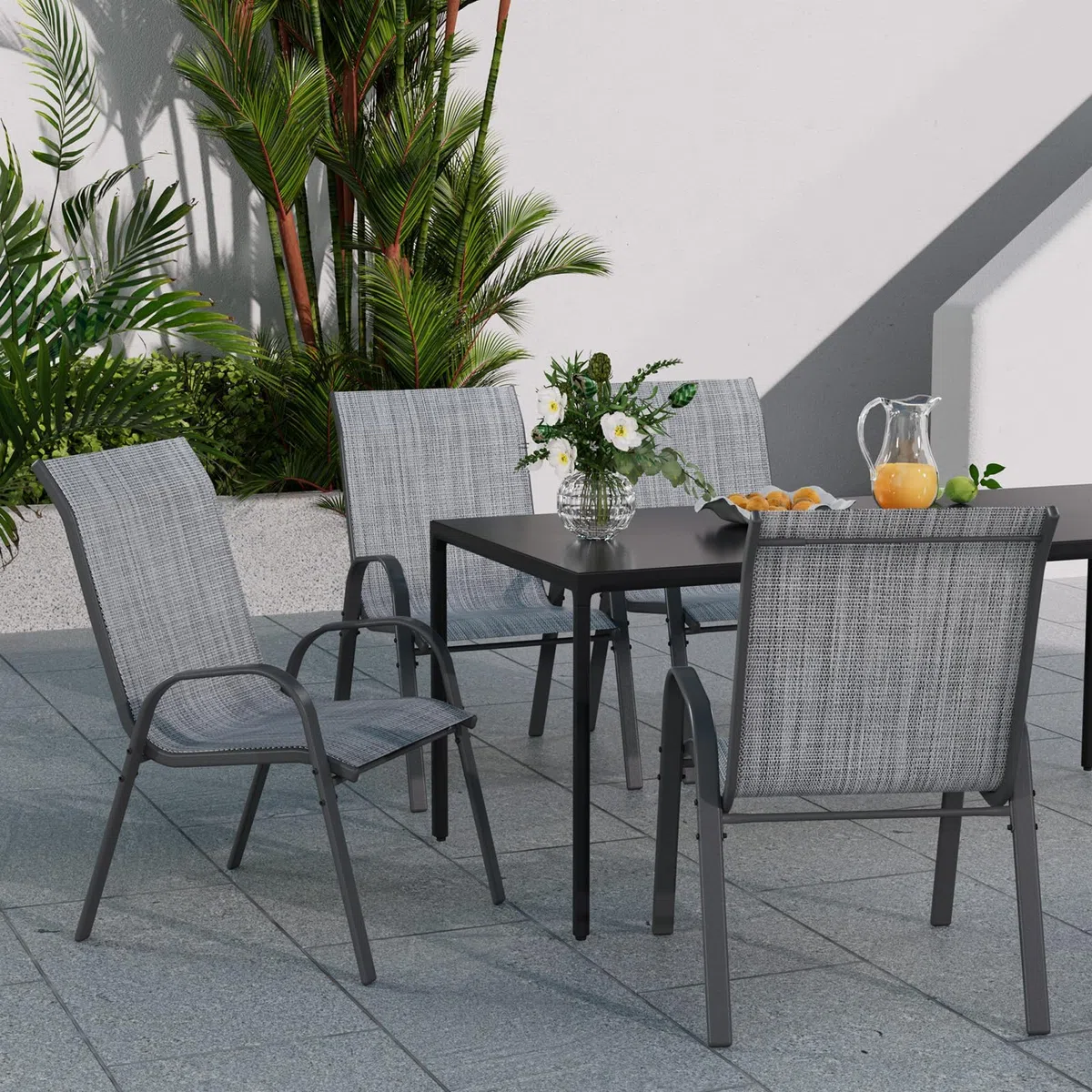UDPATIO 6er Set Gartenstühle Stapelbare, 55cm Breiter Hochlehner Gartenstuhl, Stapelstühle aus Textilene, Atmungsaktive Terrassenstühle für Balkon, Terrasse, Garten, Grau