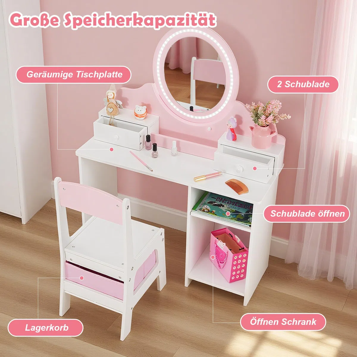 JOYLDIAS 2 in 1 Schminktisch Kinder mit Hocker und LED-Spiegel, Prinzessin Frisiertisch Schreibtisch mit Schublade, Regal und Körbchen, Kinder Schminktisch für mädchen ab 3 Jahre, Rosa