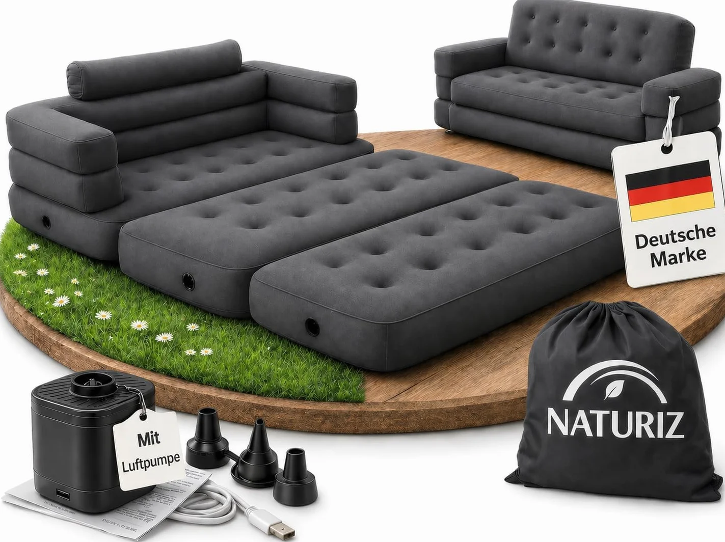 Naturiz® Pull Out Sofa 165x220cm - Camping Sofa mit Bettfunktion - Gästebett 2 Personen - Aufblasbares Sofa mit Tragetasche - kleines Mini Sofa, Mini Couch, Luftsofa (Grau, mit Pumpe)