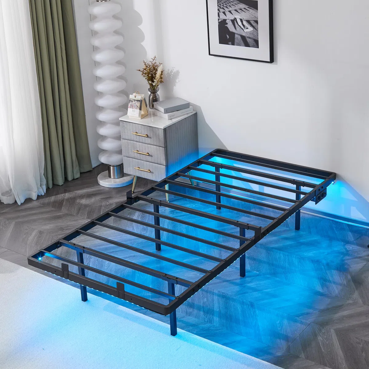 Bonnlo Bettgestell mit Lattenrost, Bett mit LED Beleuchtung, Metallbett Robust mit 1 AC-Steckdose und USB-C-Anschluss, Schwebenbett mit 36 cm Höhe schwarz (ohne matratze) (90 x 200 cm)