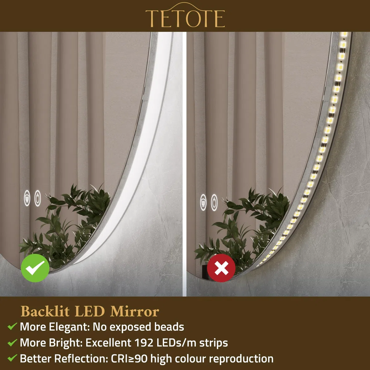 TETOTE Badspiegel mit Beleuchtung 50cm, Rund Badezimmerspiegel, Badezimmer Wandspiegel Ohne Rahmen, Led Badspiegel mit 3 Lichtfarben Dimmbarer,Antibeschlag, Speicherfunktion, IP44
