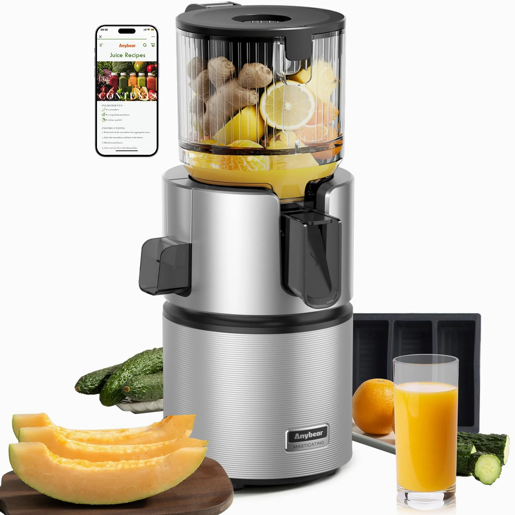 Anybear Kaltentsafter 350W, Slow Juicer mit 124 mm Einfüllschacht für Ganze Früchte und Gemüse, Entsafter mit Hoher Saftausbeute, Doppel-Zerkleinerungstechnologie, BPA-freies Tritan (Silber)