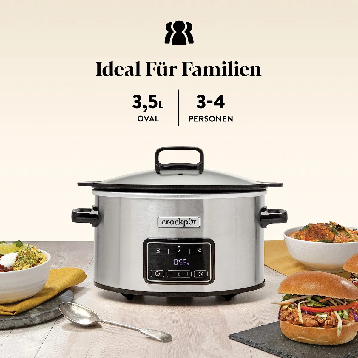 Crockpot Sizzle & Stew Digital-Schongarer Slow Cooker | 3,5 l (3-4 Personen) | Abnehmbare induktionsgeeignete Schüssel für Fleisch und Gemüse | Edelstahl [CSC111X]