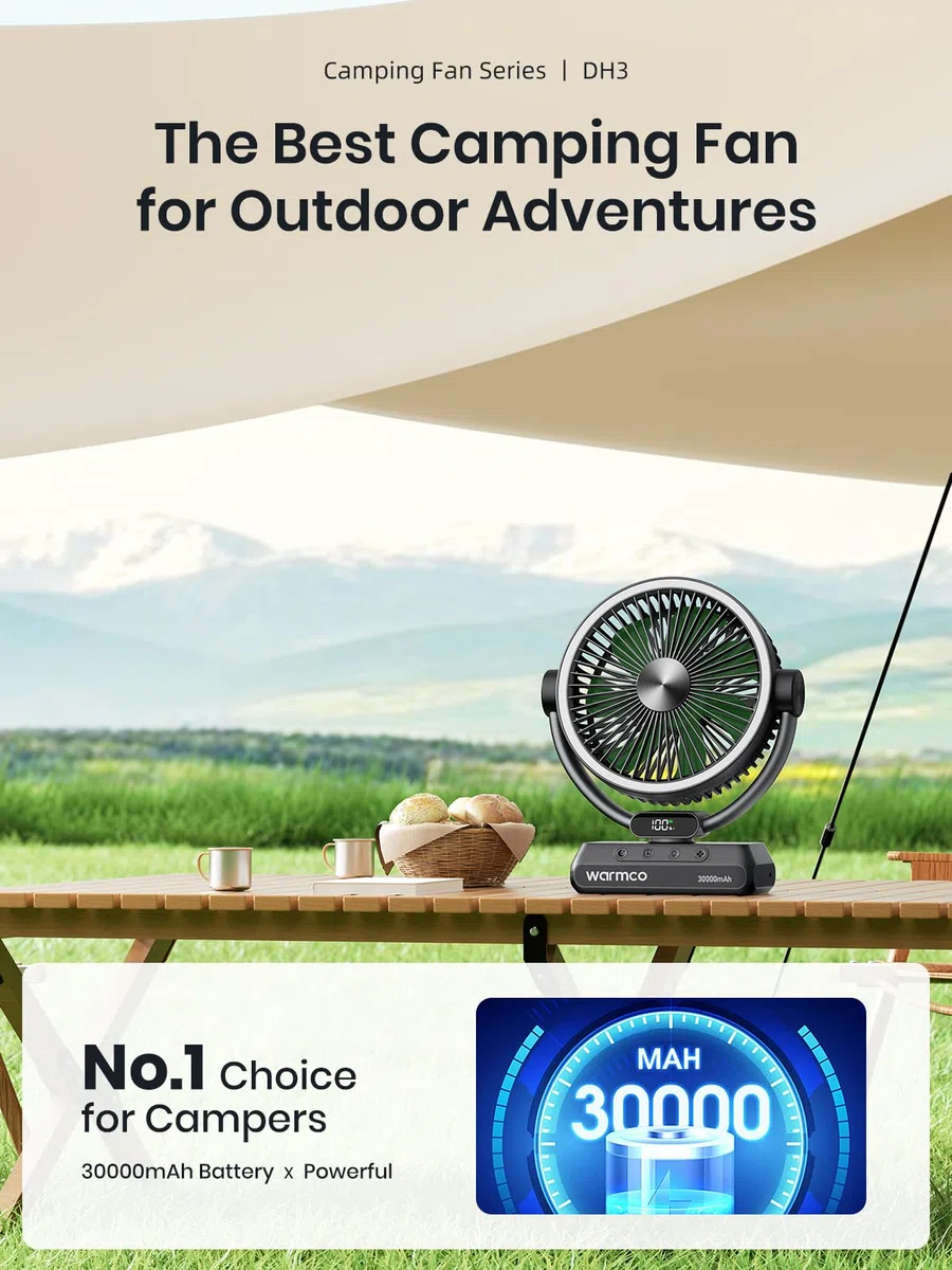 Warmco Camping Ventilator mit 30000mAh Akku, 30W PD Schnellladefunktion, LED Licht, Timer, 15-99 Std. Laufzeit, Leise, mit Haken