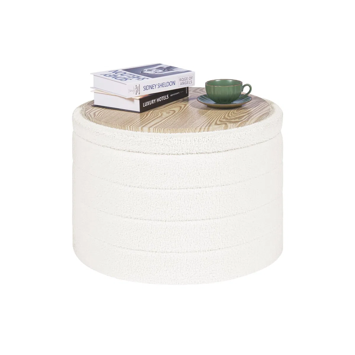PINPLUS Hocker mit Stauraum Rund Sitzhocker mit Deckel, Faltbare Fußhocker Polsterhocker Couchtisch Ø56x40 cm für Wohnzimmer, Schlafzimmer & Flur, Cremeweiß