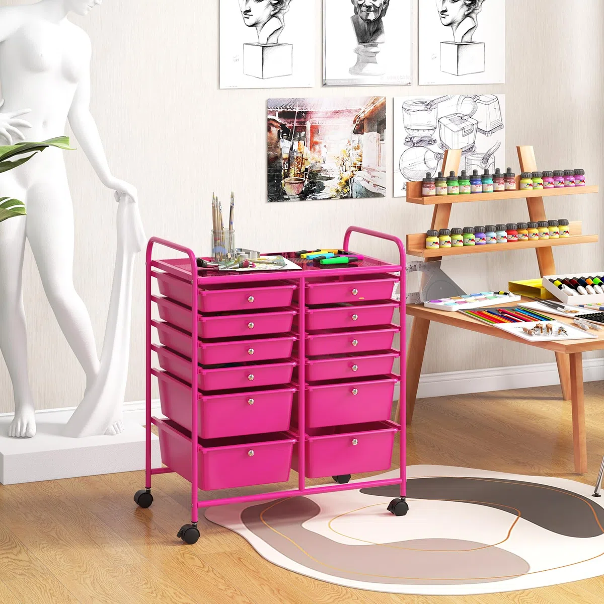 GOPLUS Rollwagen Schubladenwagen, Rollcontainer mit 12 stapelbaren Schubladen, Haushaltwagen auf Rollen mit Bremsen, Badtrolley Badregal, Aufbewahrungswagen für Heim und Büro (Hot Pink)