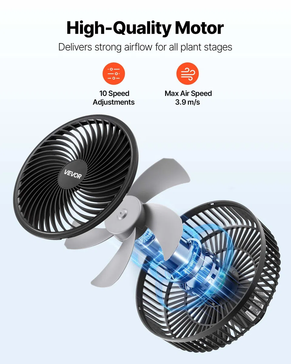 VEVOR Grow Ventilator mit Clip Oszillierend, 10 W-Clip-Ventilator mit USB-C-Anschluss, 9 Geschwindigkeitsstufen & Zirkulationsmodus, Umluftventilator für Umluft & Kühlung in Growbox, Growzelt, 2er-Set