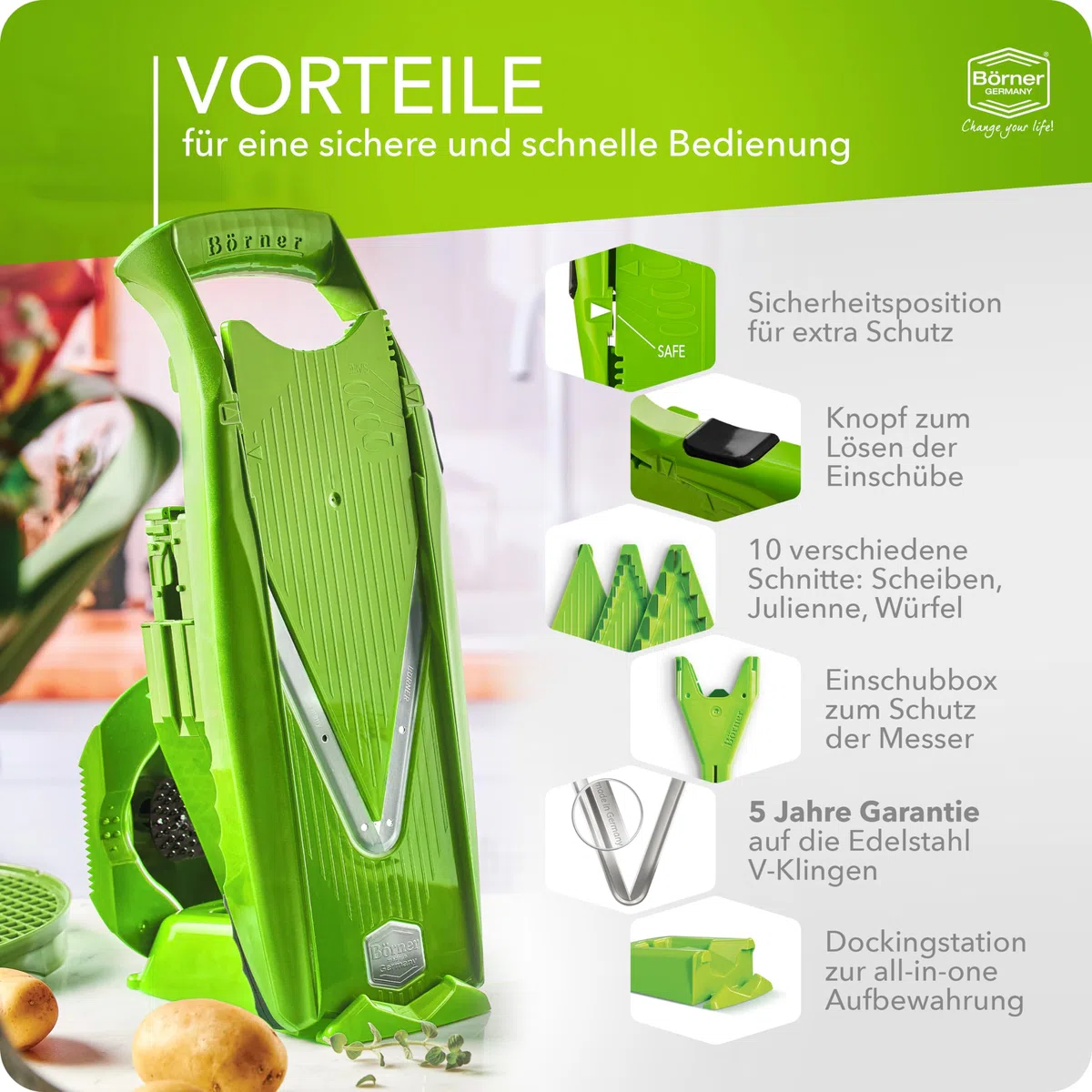 Börner Gemüsehobel V5 (Profi Set) • Verstellbarer V-Hobel 7-teilig mit 10 Schnittarten • Gemüseschneider mit Edelstahl V-Klinge • Küchenhobel inkl. Dockingstation • Farbe: Grün