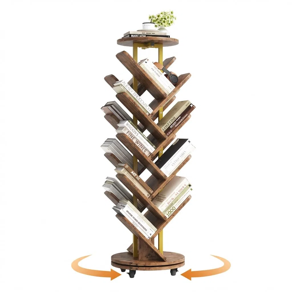 HOMRELEXA 360° Drehbares Bücherregal Baumform, Bücherregal Drehbar Standregal Multifunktionales 17 Ebenen, Beweglich und Feststellbar, für Wohnzimmer Büro Schlafzimmer, 40x40x127cm, Braun