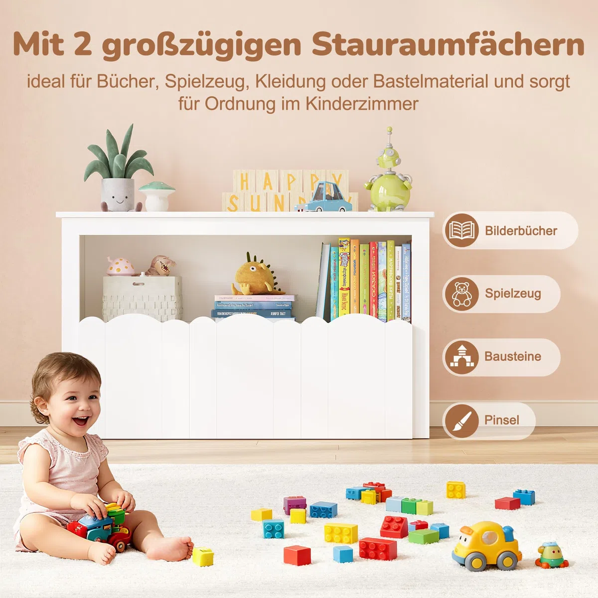 YOUDENOVA Kinderregal, Kinderzimmer Möbel mit 3 Boxen, Spielzeug Aufbewahrung auf Rollen, 102,2x33x61,5 cm, Aufbewahrung Kinderzimmer für Bilderbücher, Geschichtenbücher und Spielzeug, Weiß